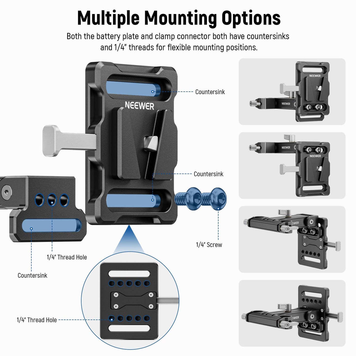 Neewer Mini V Mount Battery Plate with 15mm LWS Rod Clamps, 180° Tilt Foldable L Shaped V Lock Battery Plate with Quick Release Button, Compatible