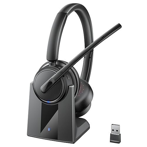 Mopchnic Wireless Headset with Noise Cancelling Microphone, On-Ear Bluetooth Headset with USB Dongle, Mute Function & Charging Base, Wireless