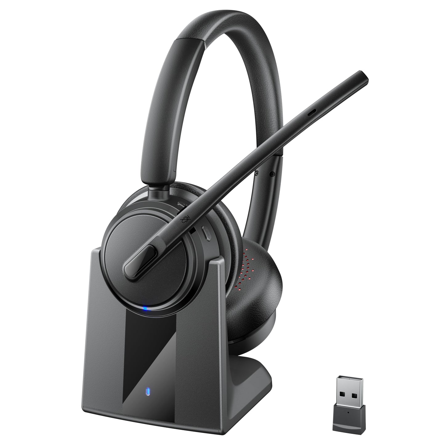 Mopchnic Wireless Headset with Noise Cancelling Microphone, On-Ear Bluetooth Headset with USB Dongle, Mute Function & Charging Base, Wireless