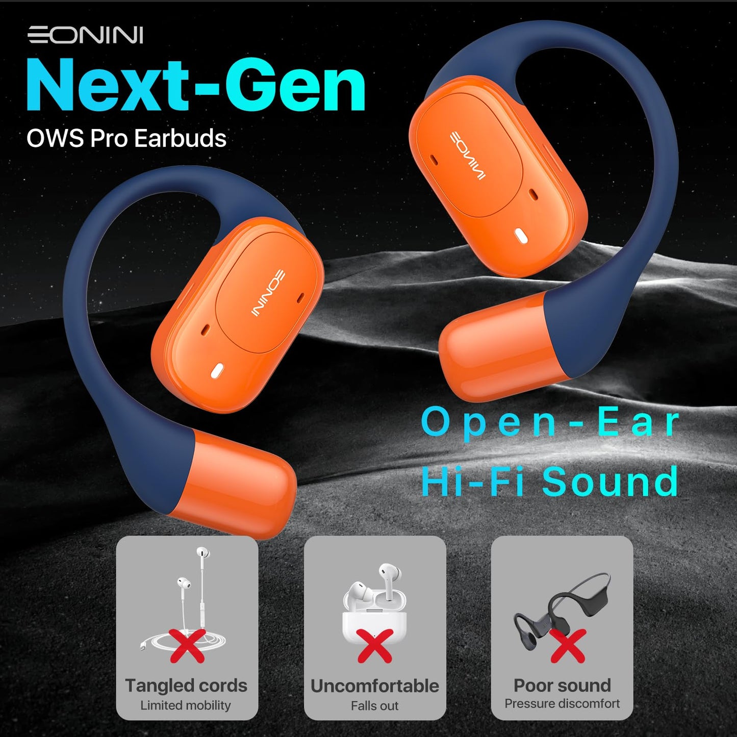 Eonini Open-Ear Headphones, True Wireless Bluetooth Earbuds with Microphone, Adjustable Earhooks, Comfortable Fit, 40H Playtime, Powerful Sound, IPX5…