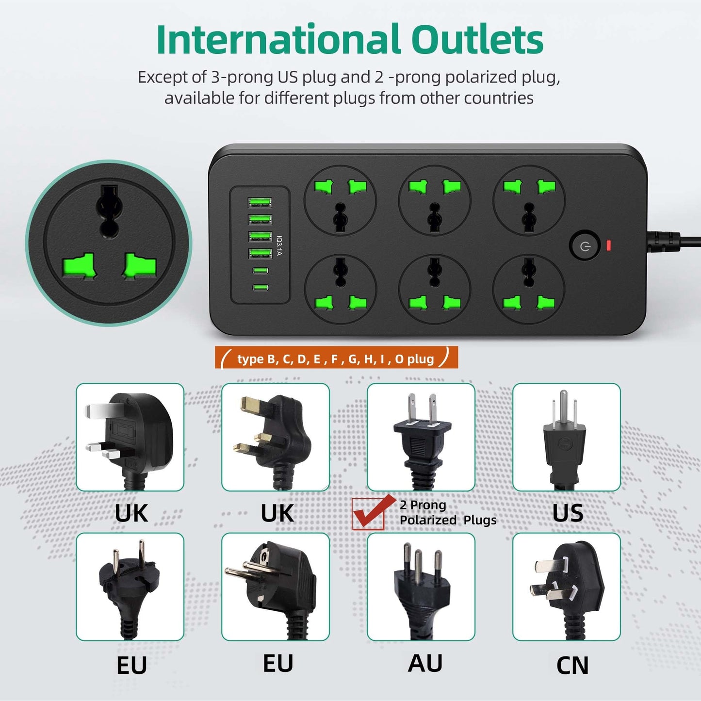 Flat Plug Extension Cord, Universal Power Strip with 6 Outlets 4 USB 2 USB C Ports, 3.1A Fast Charge?Overload Protection, 3000w, 110-240v, Plug