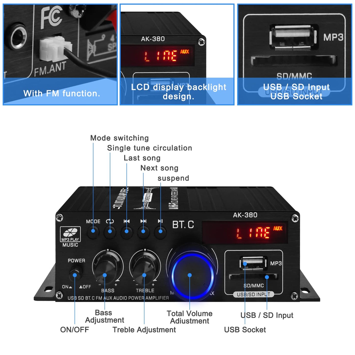 AK-380 USB SD BT.C FM AUX Audio Power Amplifier 2.0 CH 40W+40W HiFi Stereo AMP Speaker Bluetooth 5.0 Amp Receiver with 12V 5A Power Supply,FM Antenna