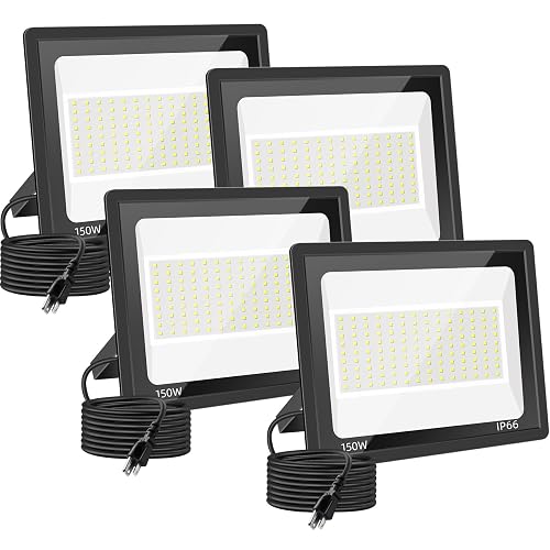 Gopretty 4 Pack 150W LED Flood Light Outdoor, 18000Lm Super Brighter Security Lights, IP66 Waterproof Work Light with Plug, 6000K Daylight White