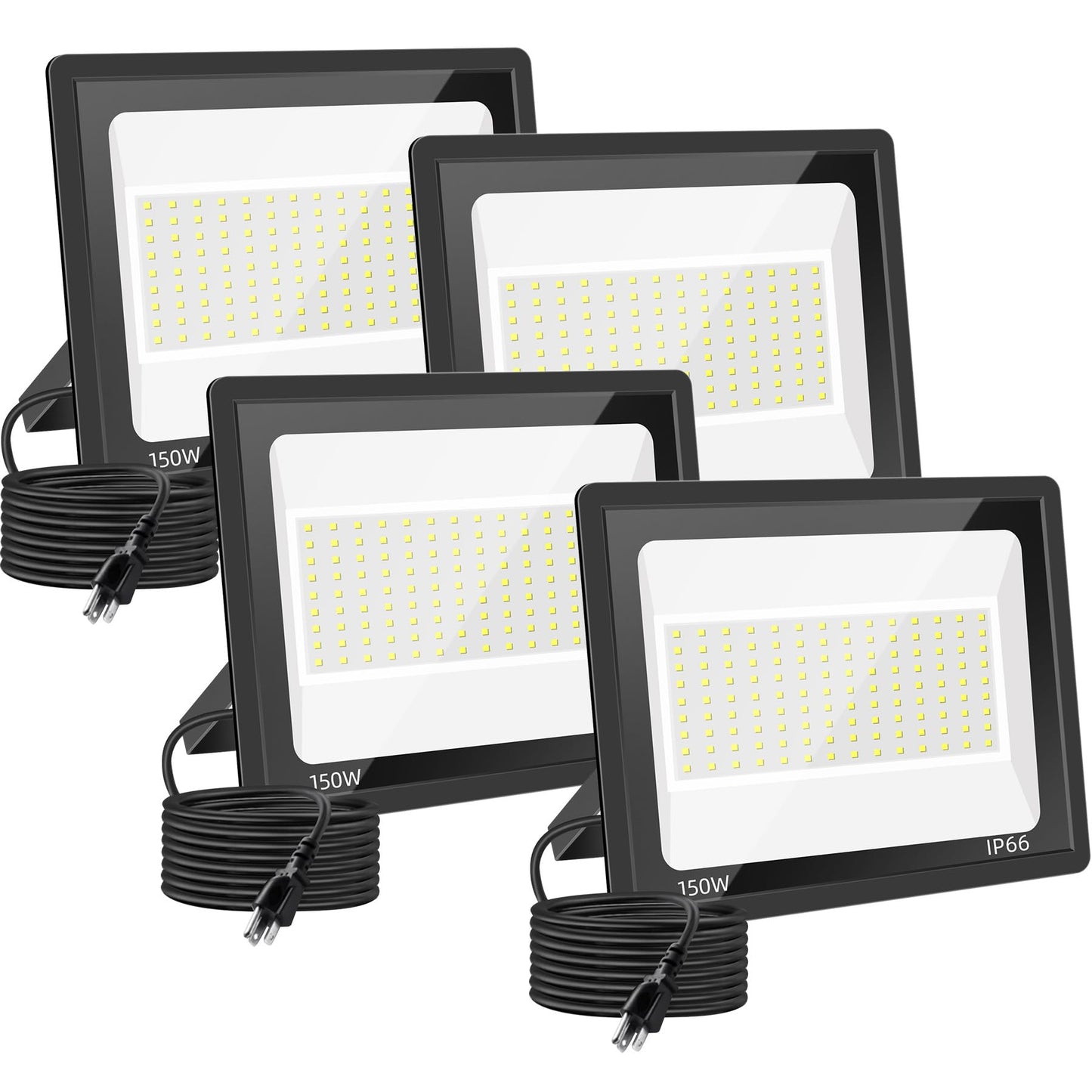 Gopretty 4 Pack 150W LED Flood Light Outdoor, 18000Lm Super Brighter Security Lights, IP66 Waterproof Work Light with Plug, 6000K Daylight White