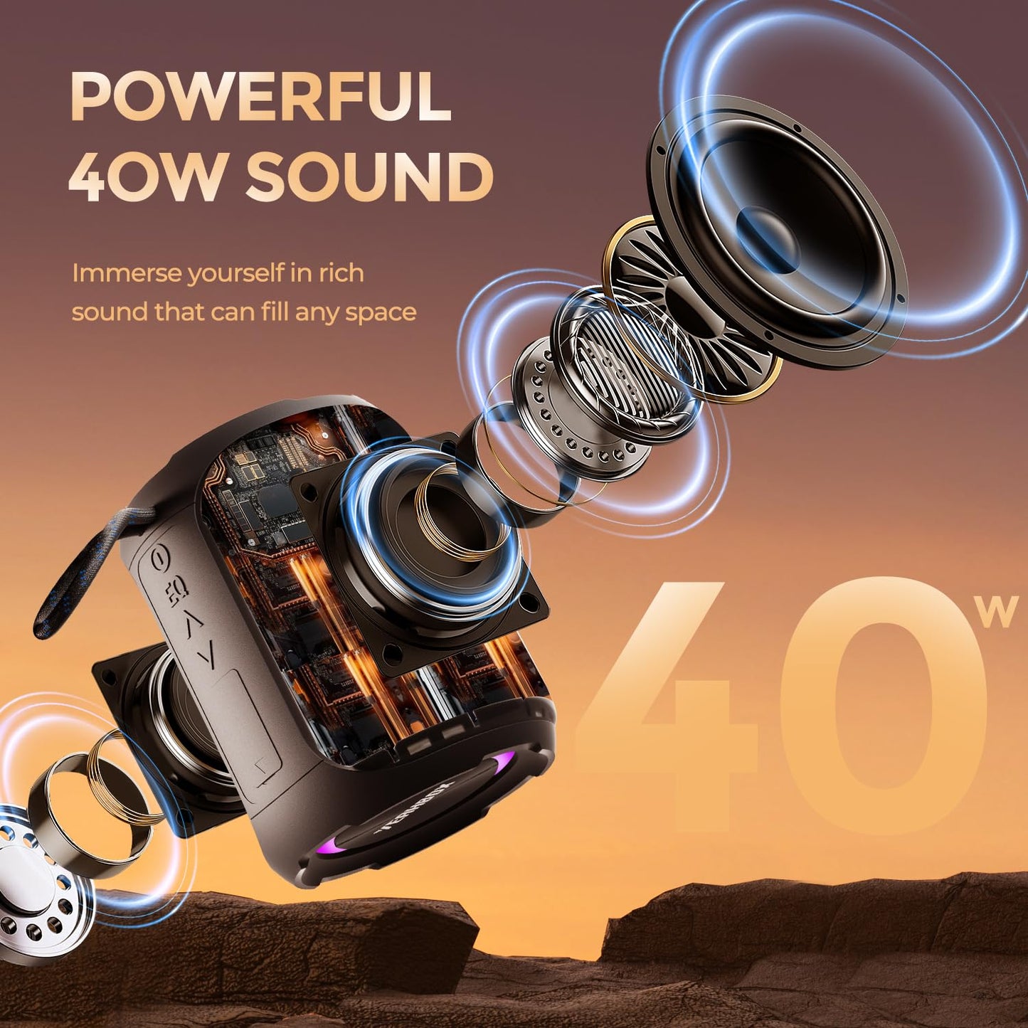 YEAHBOX Portable Bluetooth Speaker, Bluetooth 5.3 40W Wireless Stereo with Deep Bass, RGB Lights, IPX7 Waterproof, Long-Lasting Battery, TWS Pairing