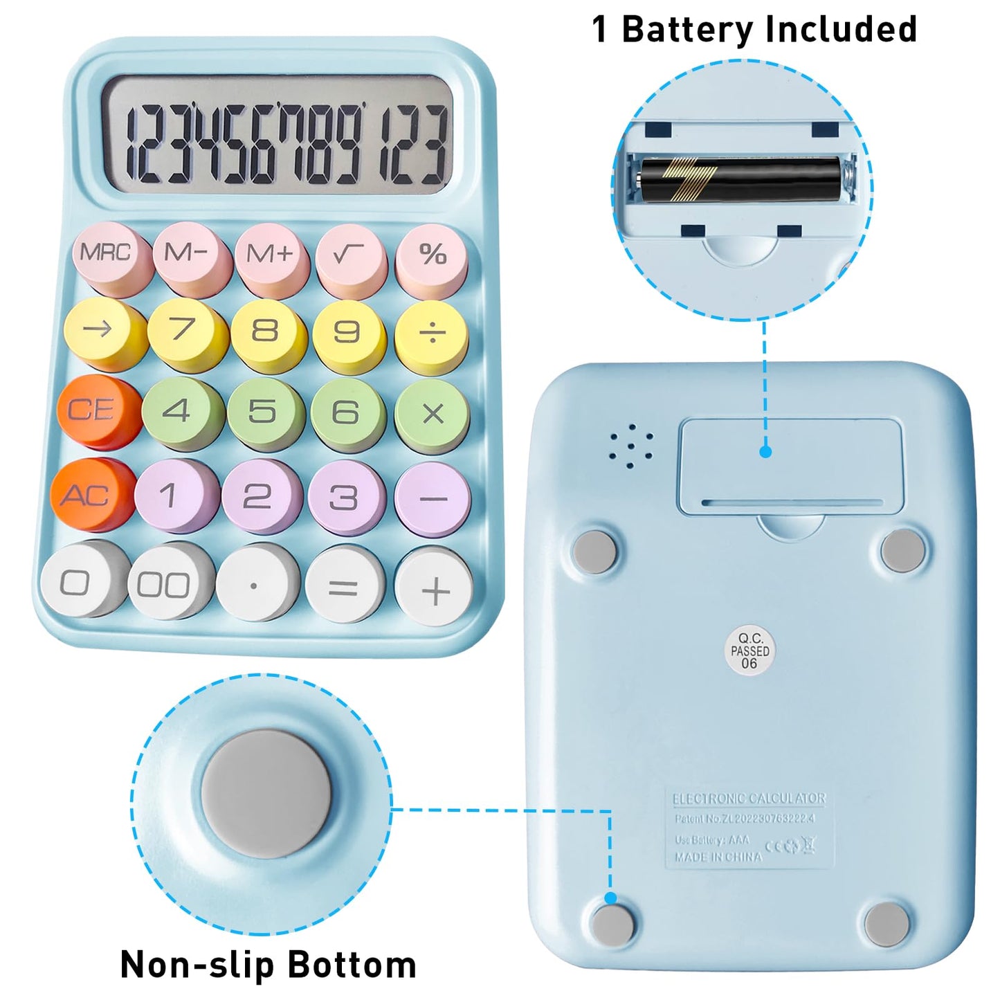 Pink Cute 12 Digit Large LCD Display Big Round Button Calculator - Office Desktop 15Tilt Screen for Kids (Blue)