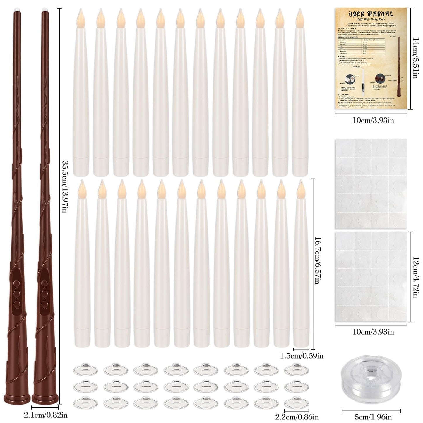 TLNFHRPI 24 Pack LED Floating Candles with Wand Remote, 6.5 Inch Flameless LED Taper Candles with Flickering Warm Light, Hanging Suspended Candles