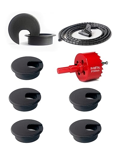 Bicafa 6 Pack Desk Grommet 2 Inch (50 mm) Bi-Metal Hole Saw Kit with Cord Wrap Coiled Tube Management,2 m Cable Sleeve Organizer with Table Hole Cover