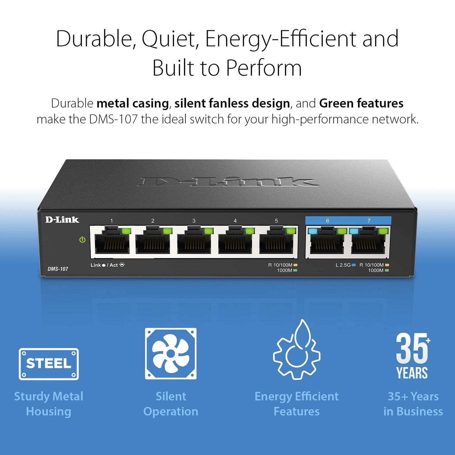 D-Link 7-Port 2.5GB Unmanaged Gaming Switch with 2 x 2.5G, 5 x 10/100/1000 Mbps - Multi-Gig, Network, Fanless, Plug & Play (DMS-107) Black