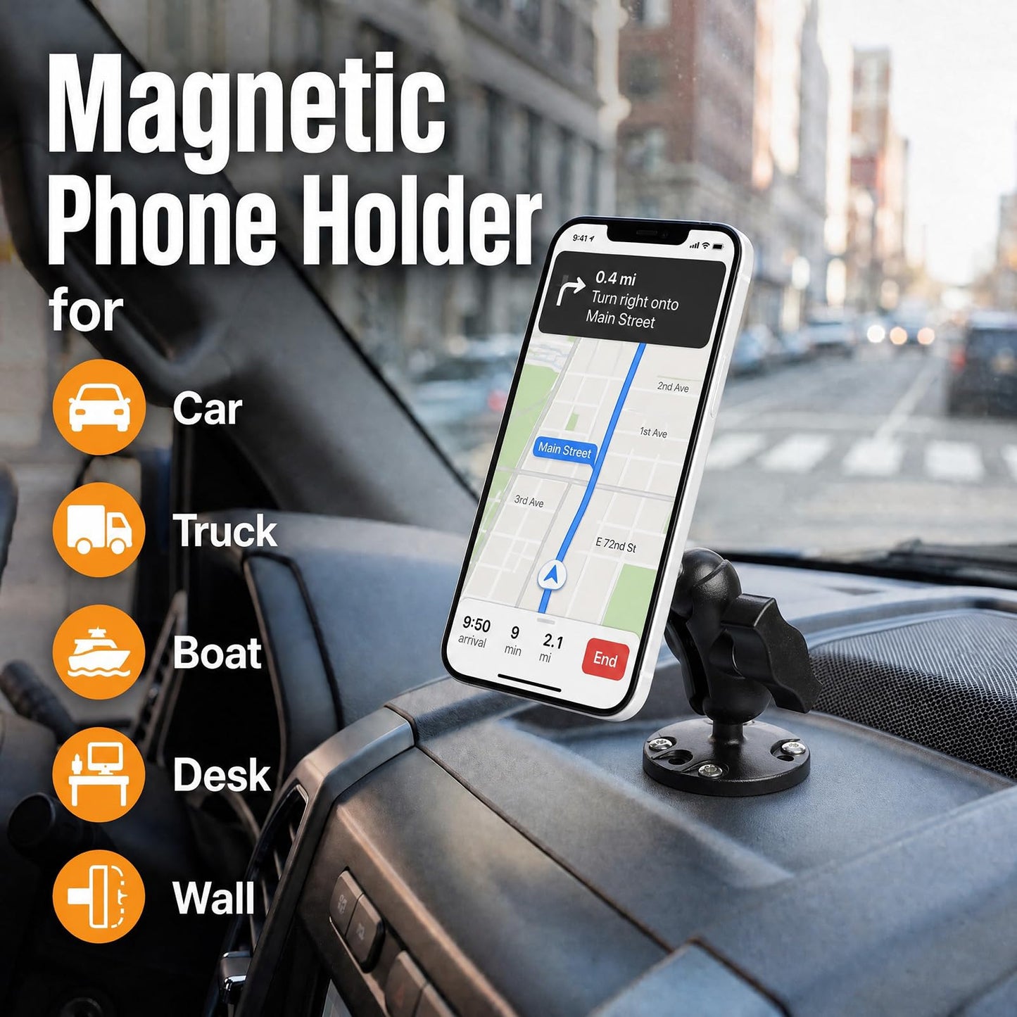 FPN 1" Ball Magnetic Phone Mount for Boat/Truck/Car, Aluminum Alloy Short Arm & Base, Double Ball Joint, Screw-Mounted AMPS Round Base Phone Holder