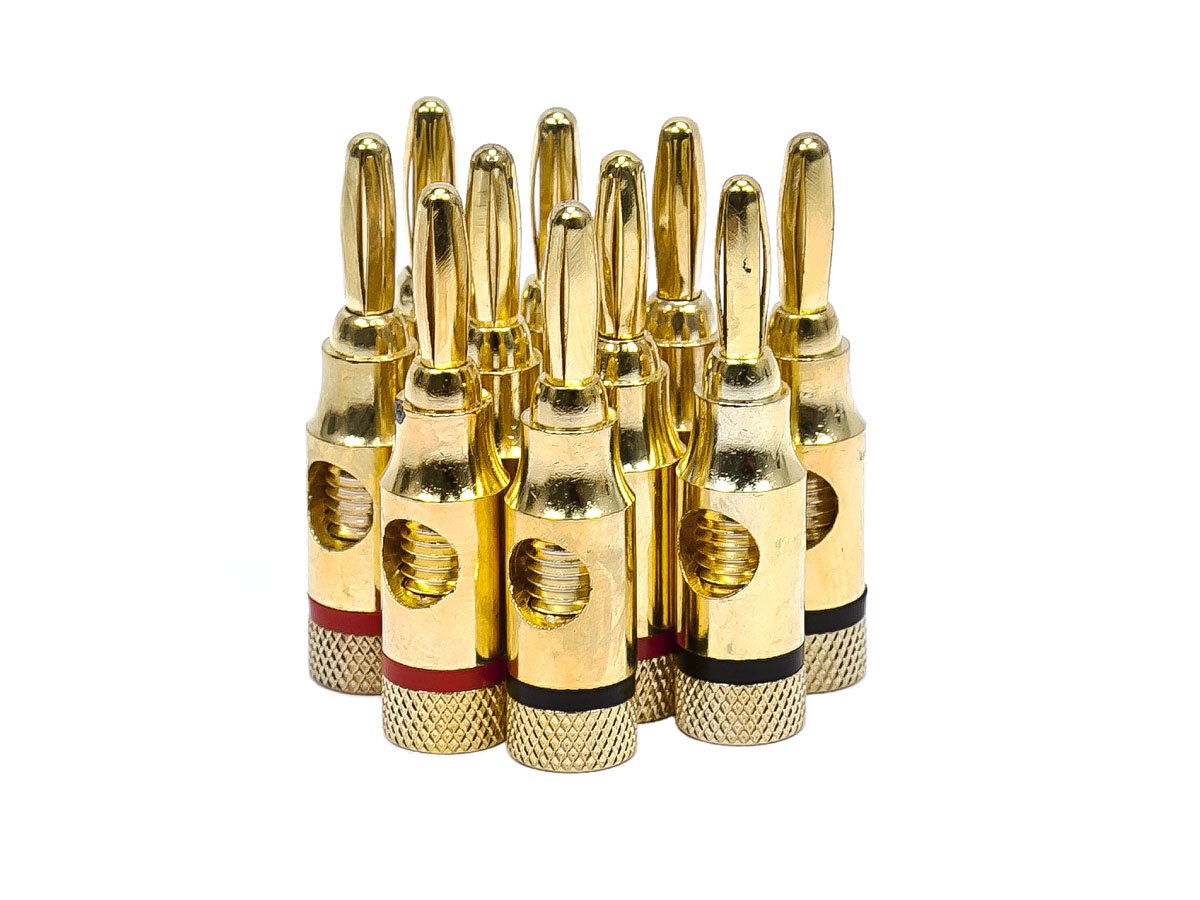 Monoprice 109437 5PRJX74047 Gold Plated Speaker Banana Plugs - 5 Pairs - Open Screw Type, For Speaker Wire, Home Theater, Wall Plates And More