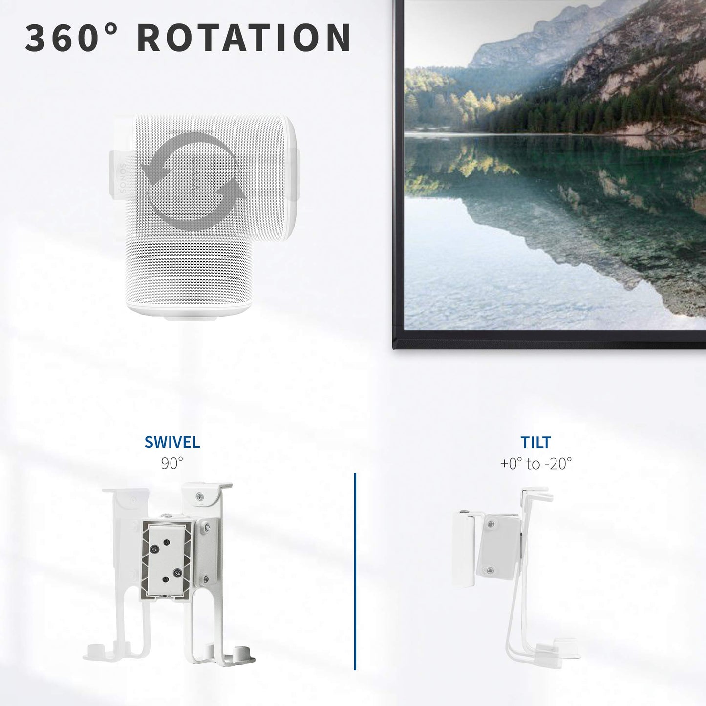 VIVO White Dual Wall Mount Brackets Designed for Sonos One, SL, and Play:1 Audio Speakers | Adjustable Mounting for 2 Sonos Speakers (MOUNT-PLAY1W)