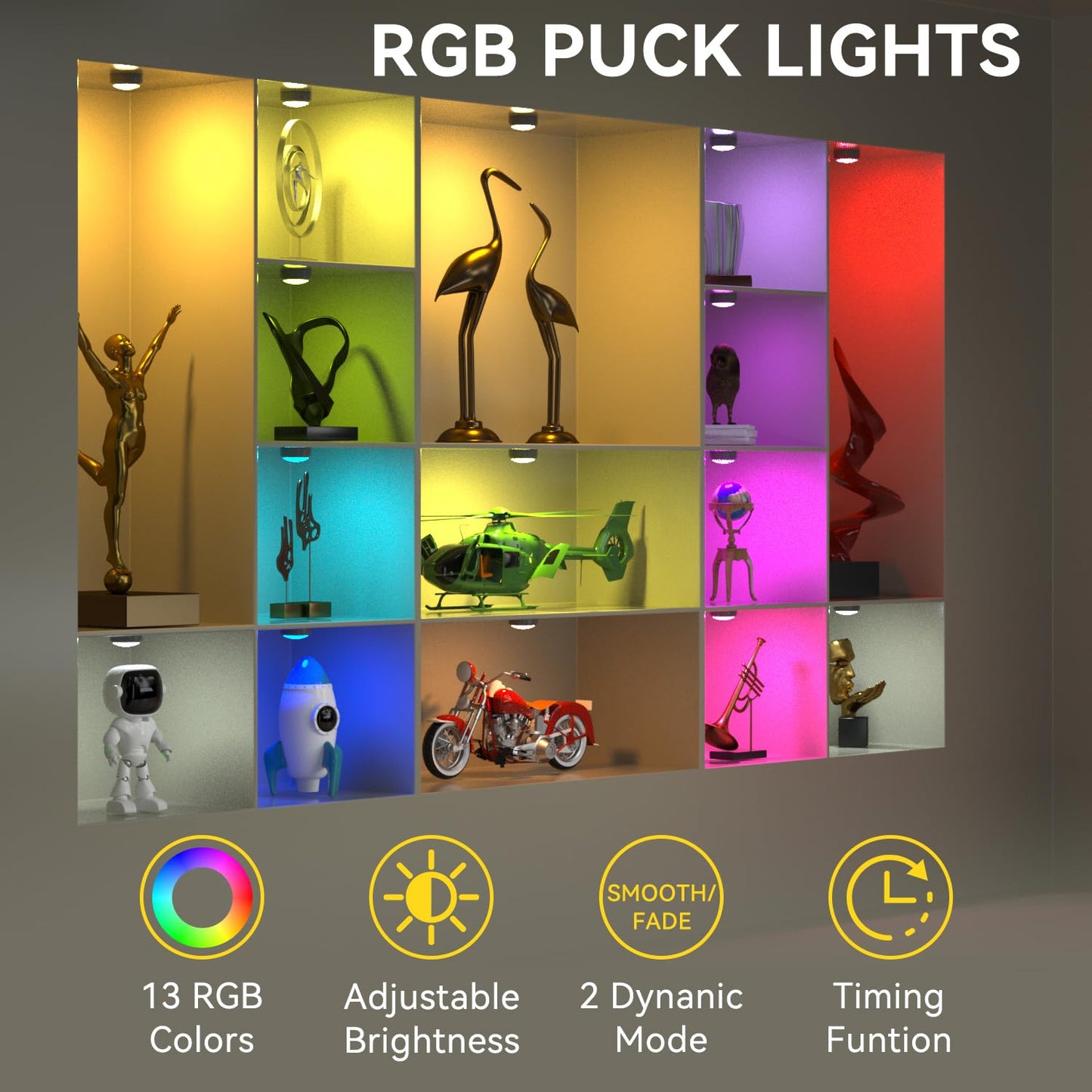 BESTDLCLITE LED Puck Lights with Remote, 13-Color Under Cabinet Lighting Wireless, Battery Operated Stick-On Lights, Dimmable Push Light