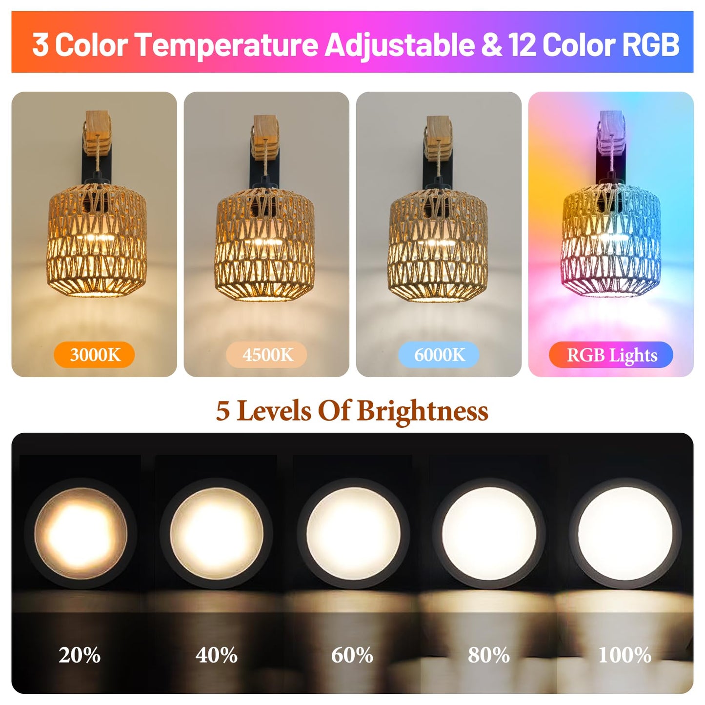 NOVCAND Boho Battery Operated Wall Sconce Set of Two, Rattan Cordless Wall Sconces with Remote,Wireless Sconces Set of 2 for Bedroom,Living