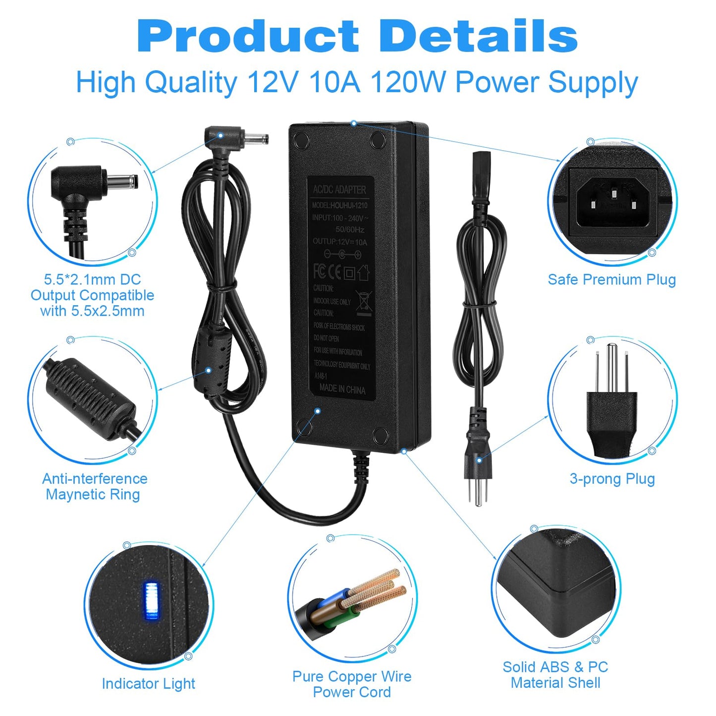 HOUHUI 12V 10A Power Supply 120W AC/DC Adapter, 100V-240V AC to 12V 10A Max DC Converter Power Adapter 12 Volt Transformer with 5.5 x 2.1mm/2.5mm Tip…