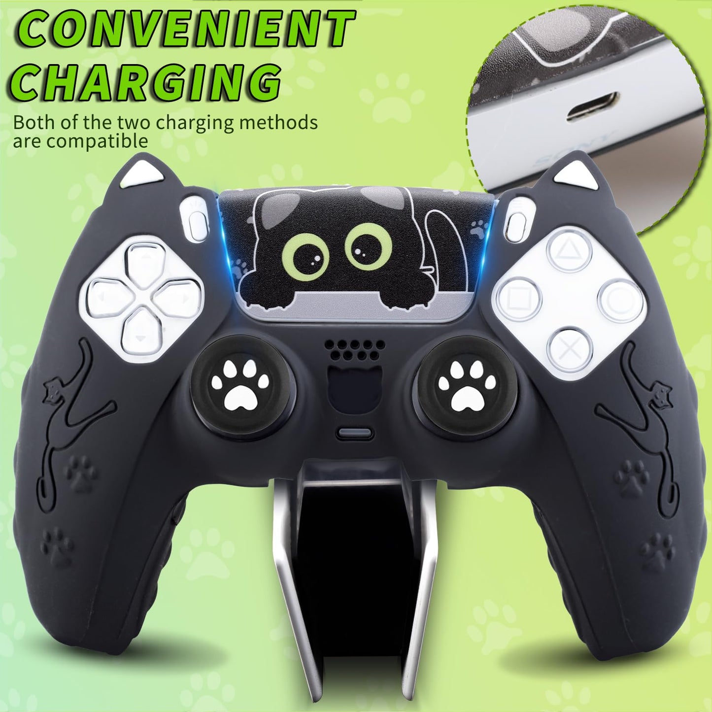 SoAegis Cute Cat-Ear PS5 Controller Skin Set, Silicone Controller Cover for PS5 Wireless Grip, Comes with 2 Thumb Grips and 2 Cat Stickers