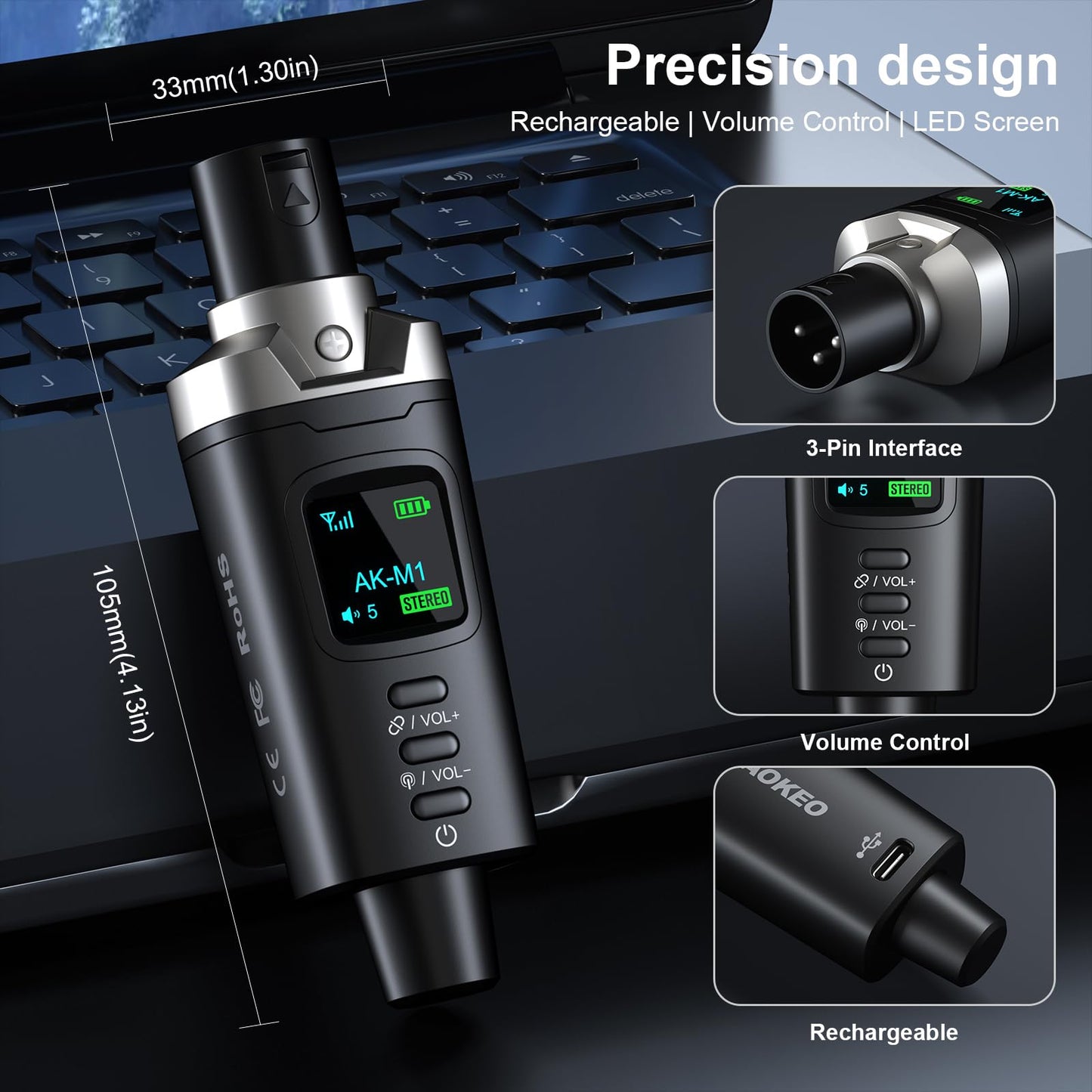 Aokeo AK-M1 XLR Bluetooth Receiver-High-Fidelity Wireless Audio Adapter,100ft Stable Connection,Stereo for Speakers,Mixers,DJ