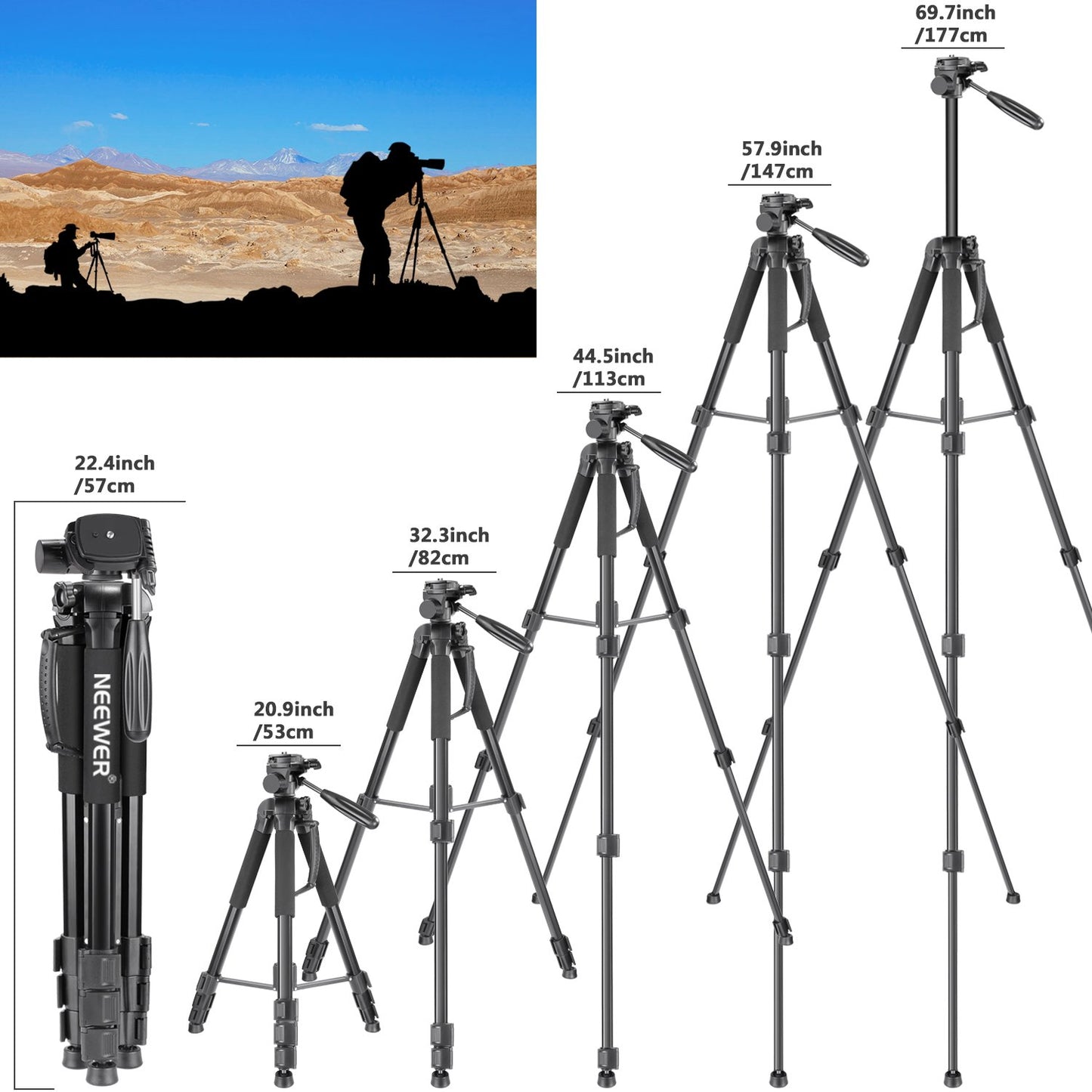 NEEWER Portable Aluminum Alloy Camera 2 in 1 Tripod Monopod Max. 70"/177cm with 3 Way Swivel Pan Head and Carrying Bag for DSLR, DV Video Camcorder
