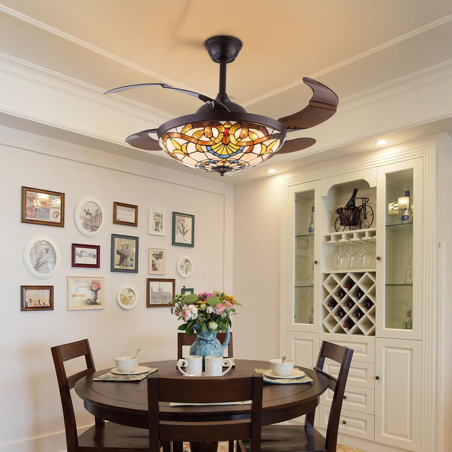 TFCFL 42" Ceiling Fan with Lights, Tiffany Style Dimmable Invisible Fan Chandelier Fandelier 3 Speeds 3 Light Changes with Retractable Blades
