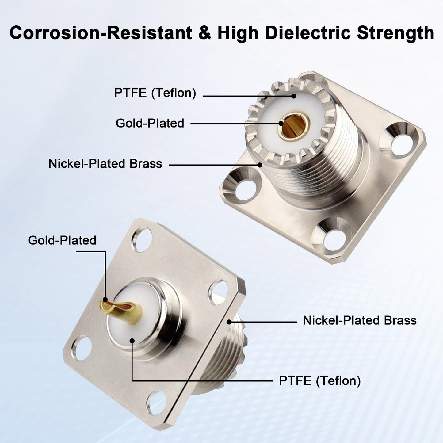 SO-239 UHF Female Chassis Mount Connector, 4-Hole Flange Panel Mount RF Coax Connector for Antenna, Ham Radio, CB Radio, RF Projects - Pack of 4