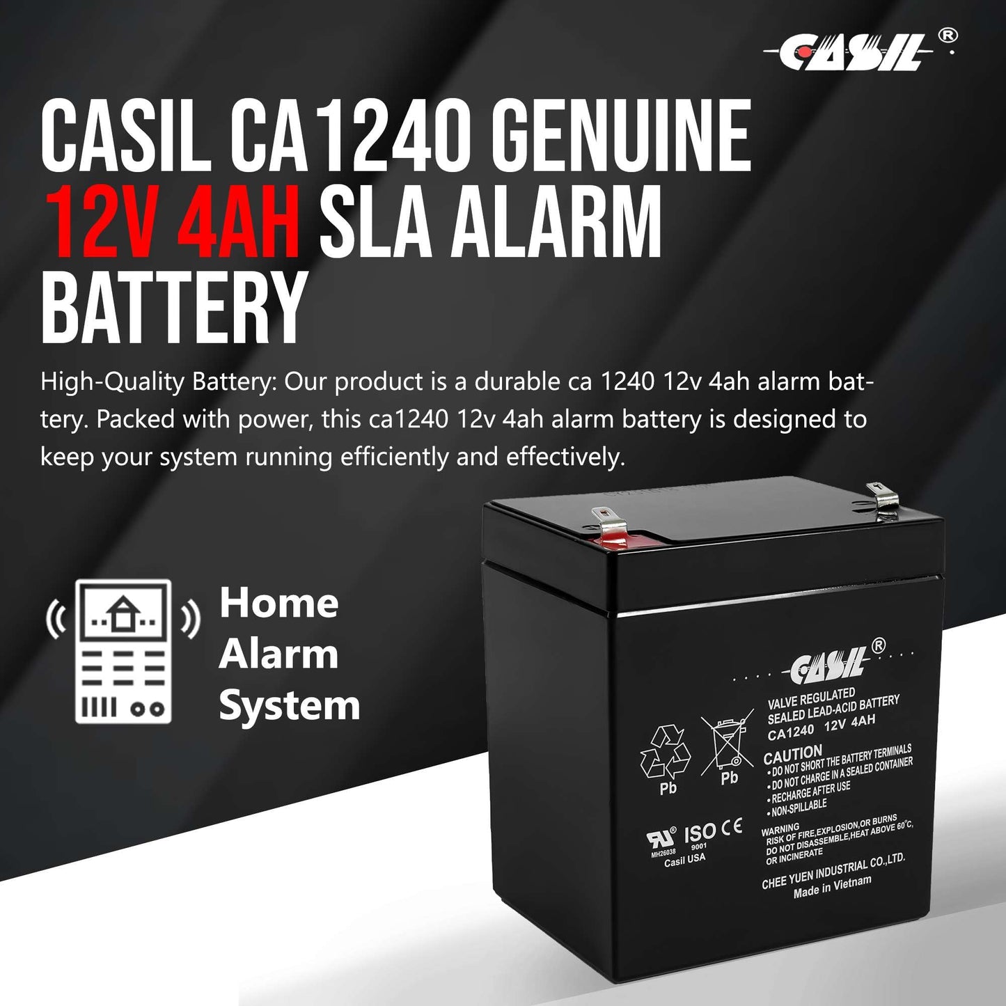 Casil CA-1240 12V 4Ah Sealed Lead-Acid Battery - Replacement for Fire & Security Alarm Systems, ADI Ademco 467 Home Alarm Battery, 12 Volt 4 Amp…