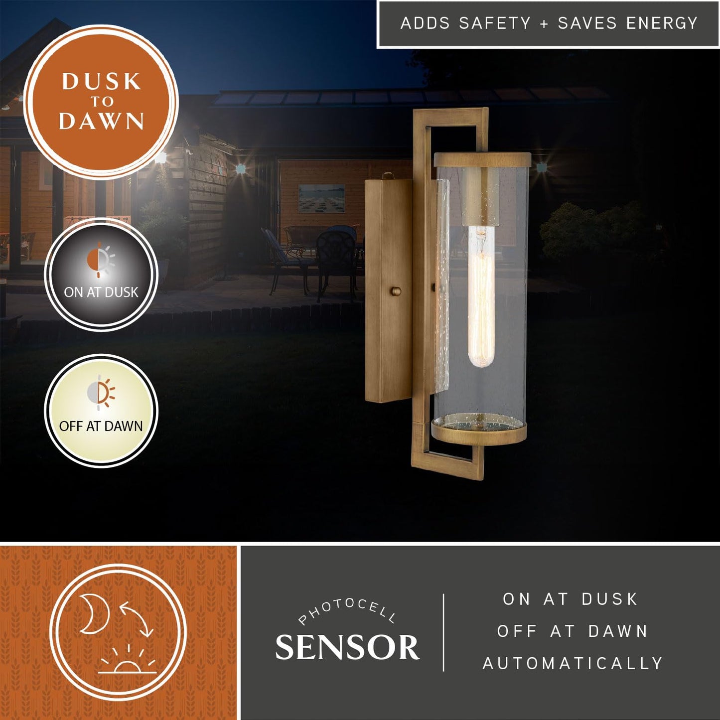 VAXCEL Morgan Park 16 in. H 1-Light Warm Brass Dusk to Dawn Sensor Gold Outdoor Wall Sconce, Durable Steel, Clear Seeded Glass Shade, LED Compatible