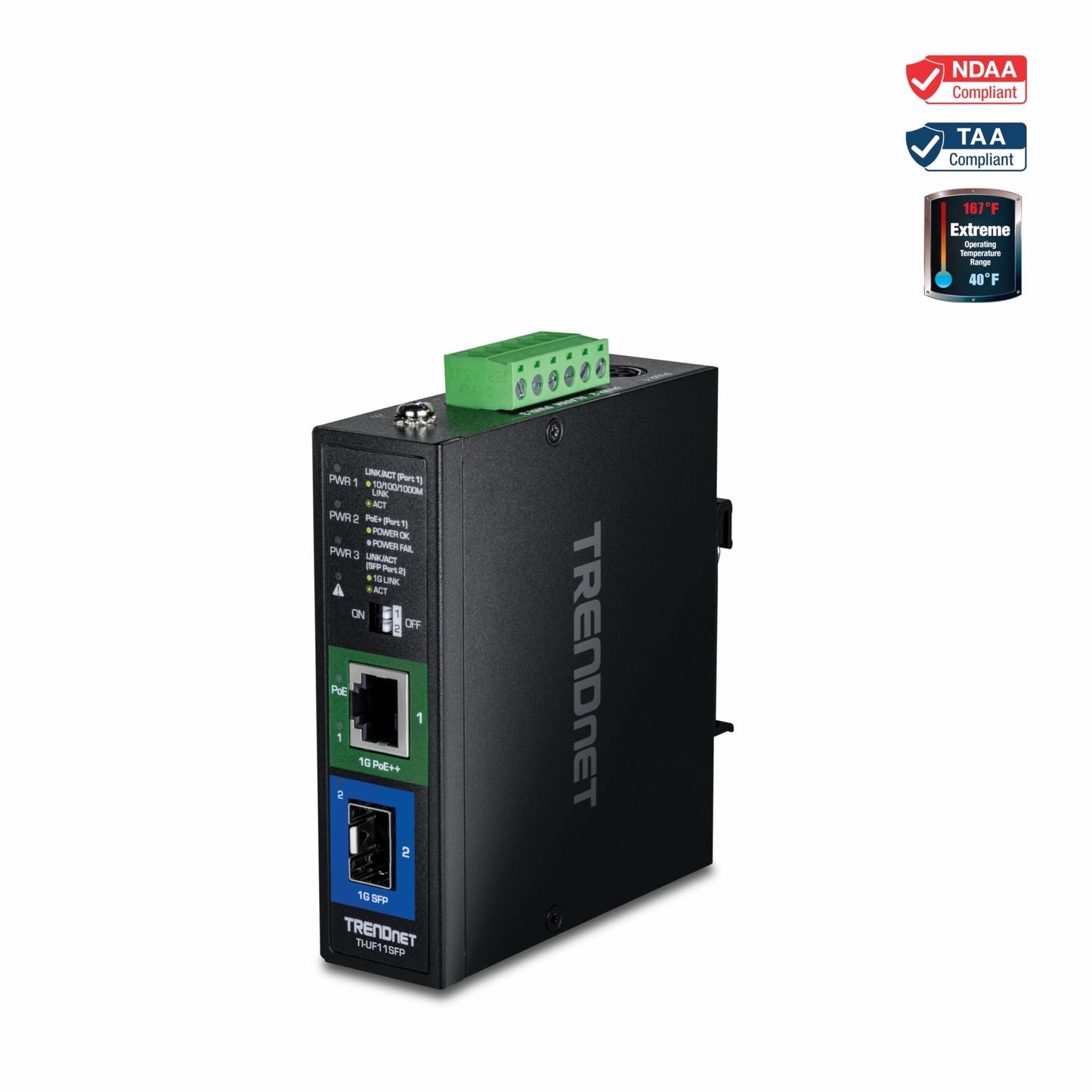 TRENDnet Hardened Industrial SFP to Gigabit UPoE Media Converter, TI-UF11SFP, Up to 95W of Power, NDAA + TAA Compliant, IP50 Rated Housing, Multi or