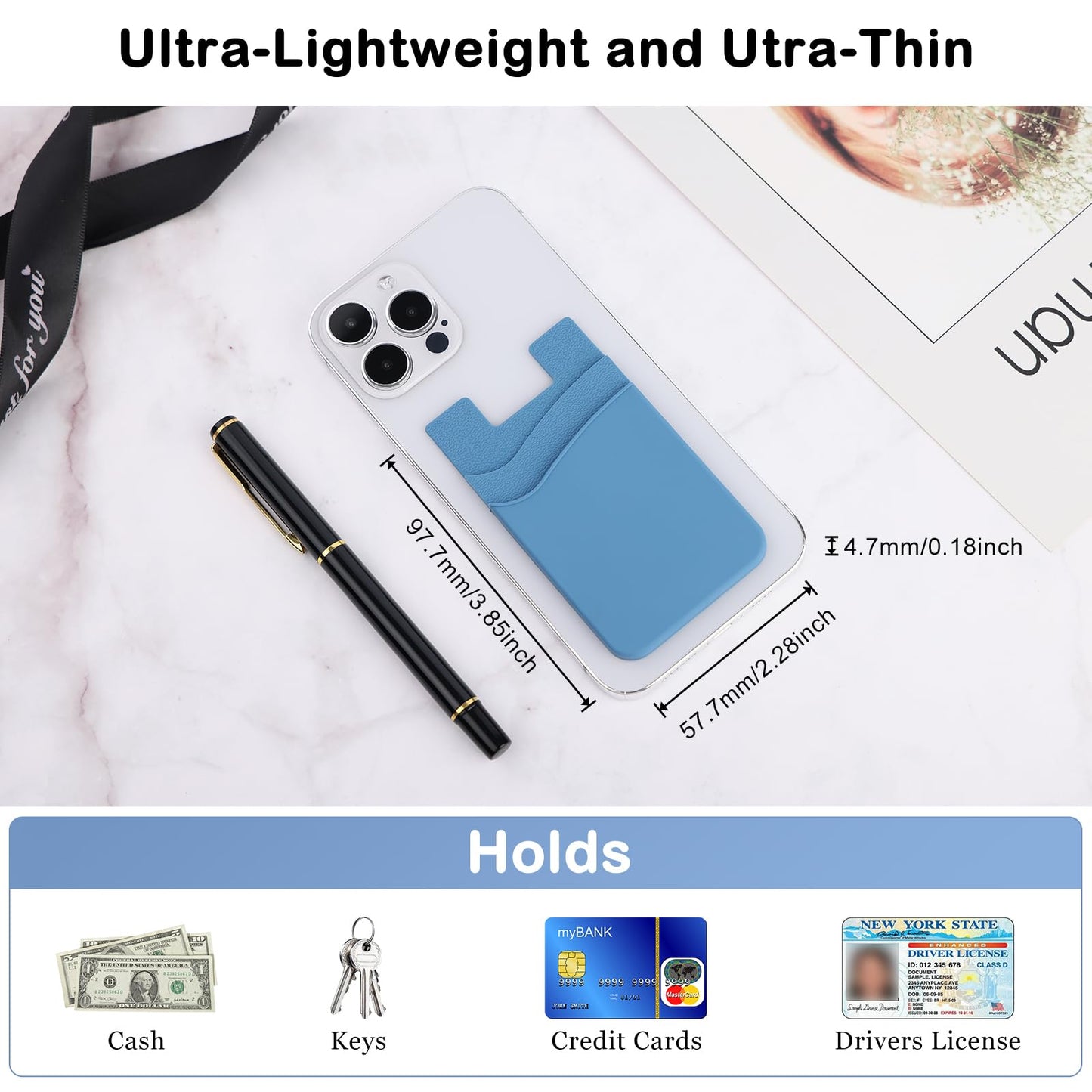 Zemexy Phone Wallet Stick on,5Pack Phone Card Holder for Back of Phone Case,Silicone Sticky Credit Card Holder for Cell Phone Double Pocket Sticker