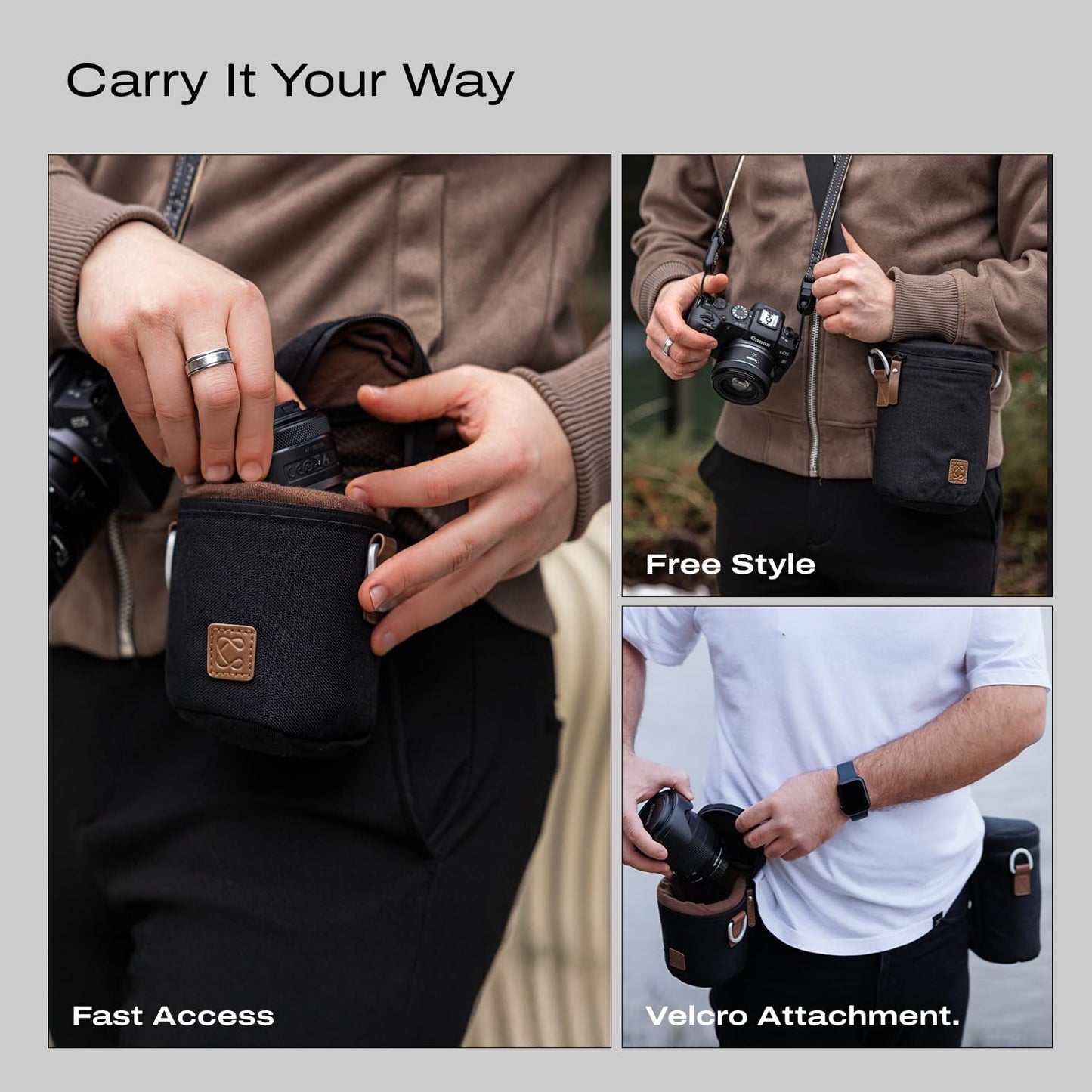 C Coiro Premium Camera Lens Case with Quick Release Strap, Water Resistant Protective Lens Pouch for DSLR Camera, 2 Size L and M, Compatible