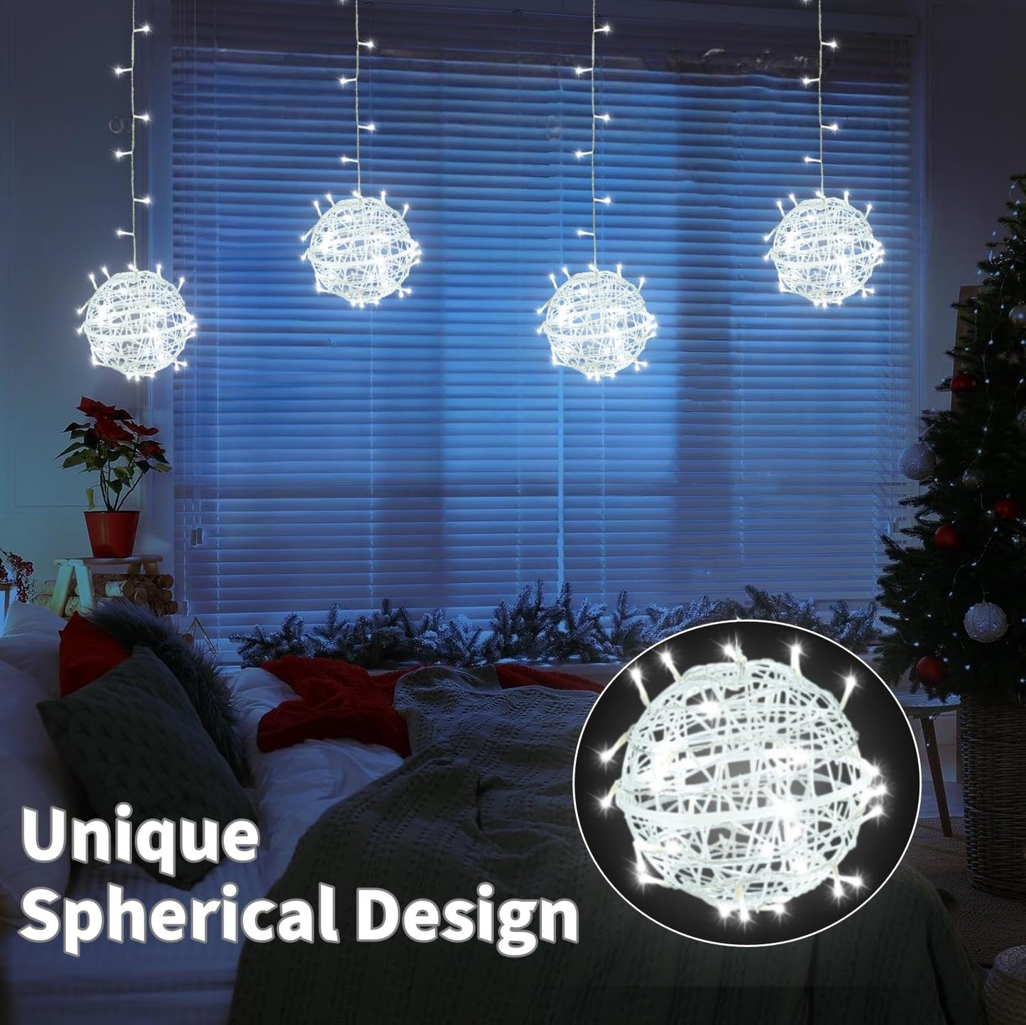 Outdoor Christmas Balls Lights 4 Pack Hanging 7.1" LED Garden Sphere Tree Lights 8 Modes Waterproof Glow Globe Light with Memory Timer Plug for Yard