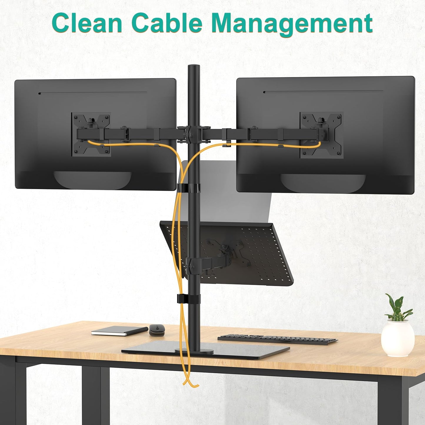 WALI Dual Monitor Stand with Laptop Holder, Height Adjustable Laptop Stand for Desk, Fits up to 27 inch Monitors and 17 inch Laptops, Freestanding