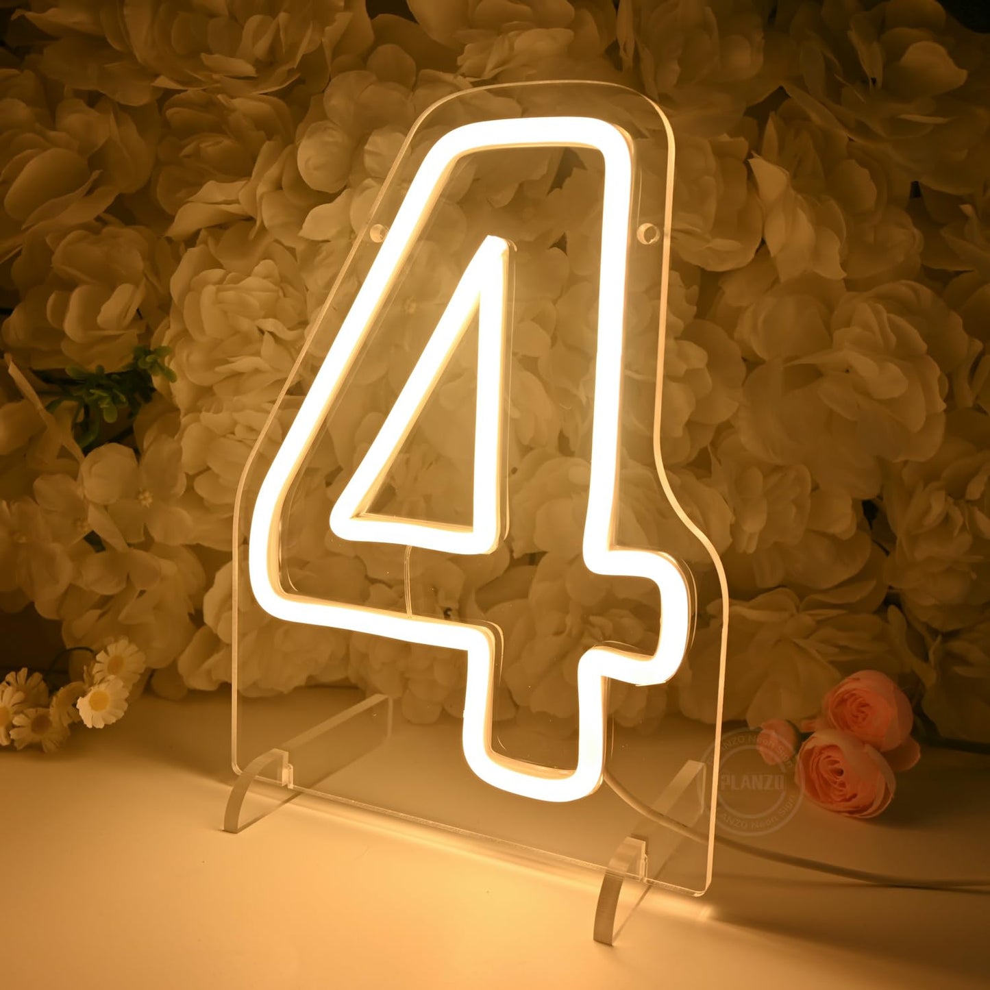 Planzo 4 Four Led Neon Sign Light 4th Four Years Old Birthday Baby Cave Backdrop Bedroom Desk Table Wall Sign Decor Banner Wedding Party Decor Gifts