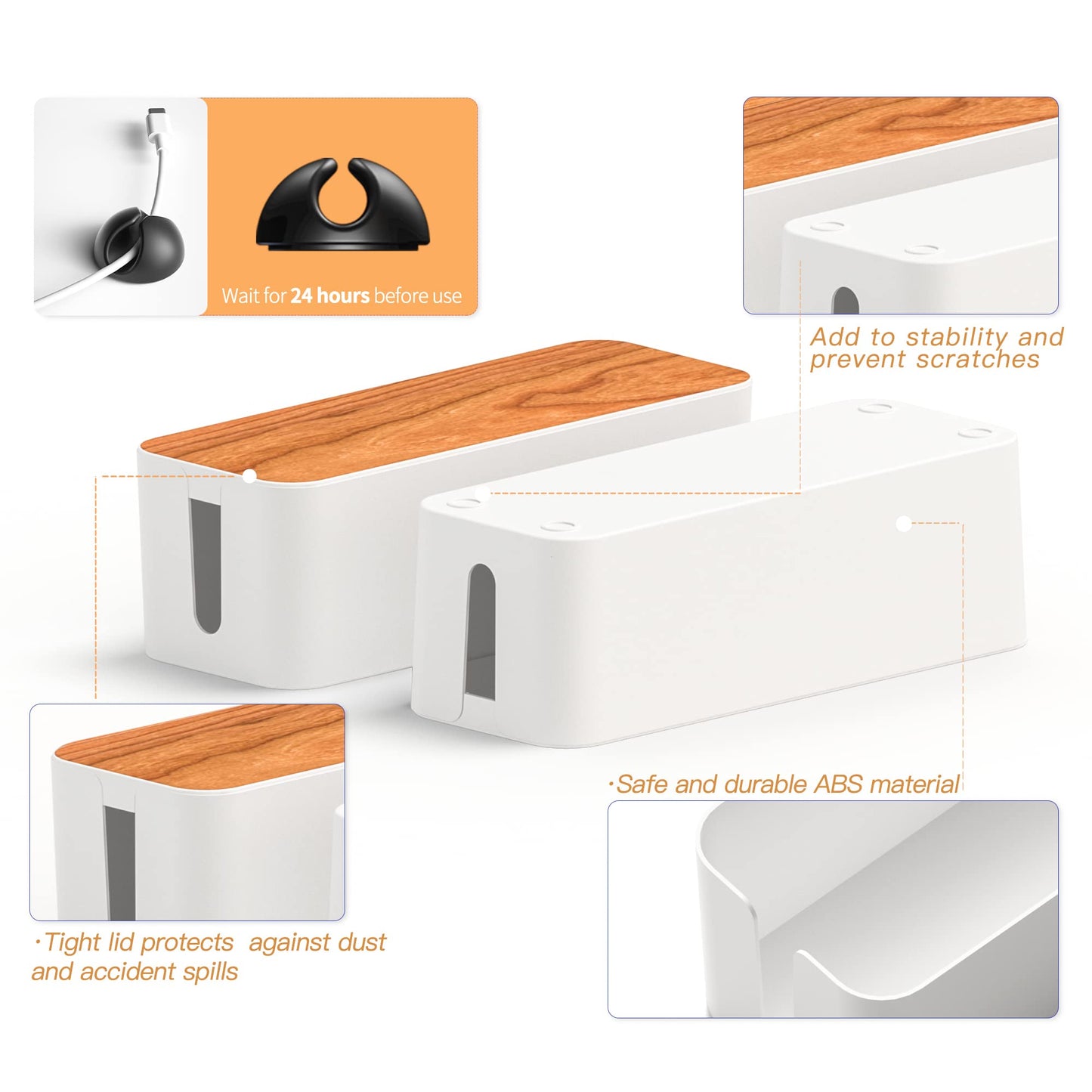Cable Management Box 2 Pack with 16 Cable Clips Set-Large & Medium & Small Wooden Style Cable Organizer Box to Hide Wires&Power Strips | Cord
