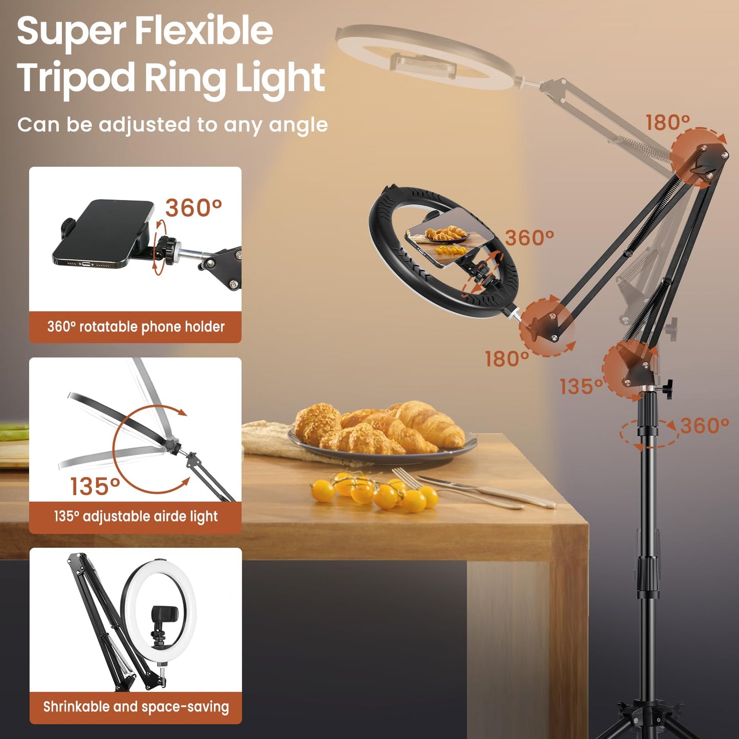 Ring Light Overhead Phone Mount with Casters, Dual-Purpose Floor/Desk Light Tripod for iPhone, Selfie Phone Tripod for Video Recording/Live