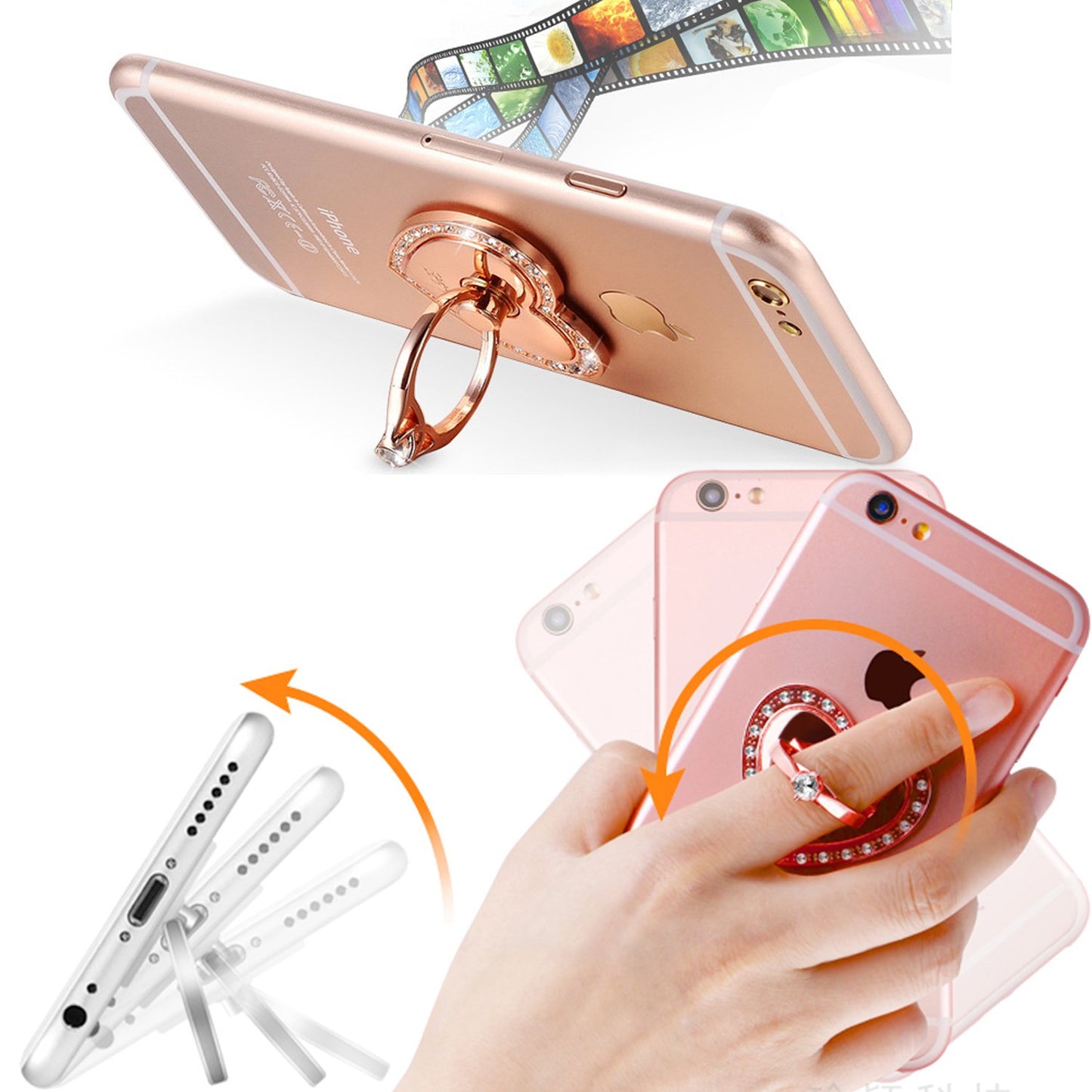 Phone Stand, Luxury Updated Re-Usable Metal Stainless Phone & Tablet Anti Drop Ring Stand Holder with Diamonds for iPhone iPod iPad Samsung and More