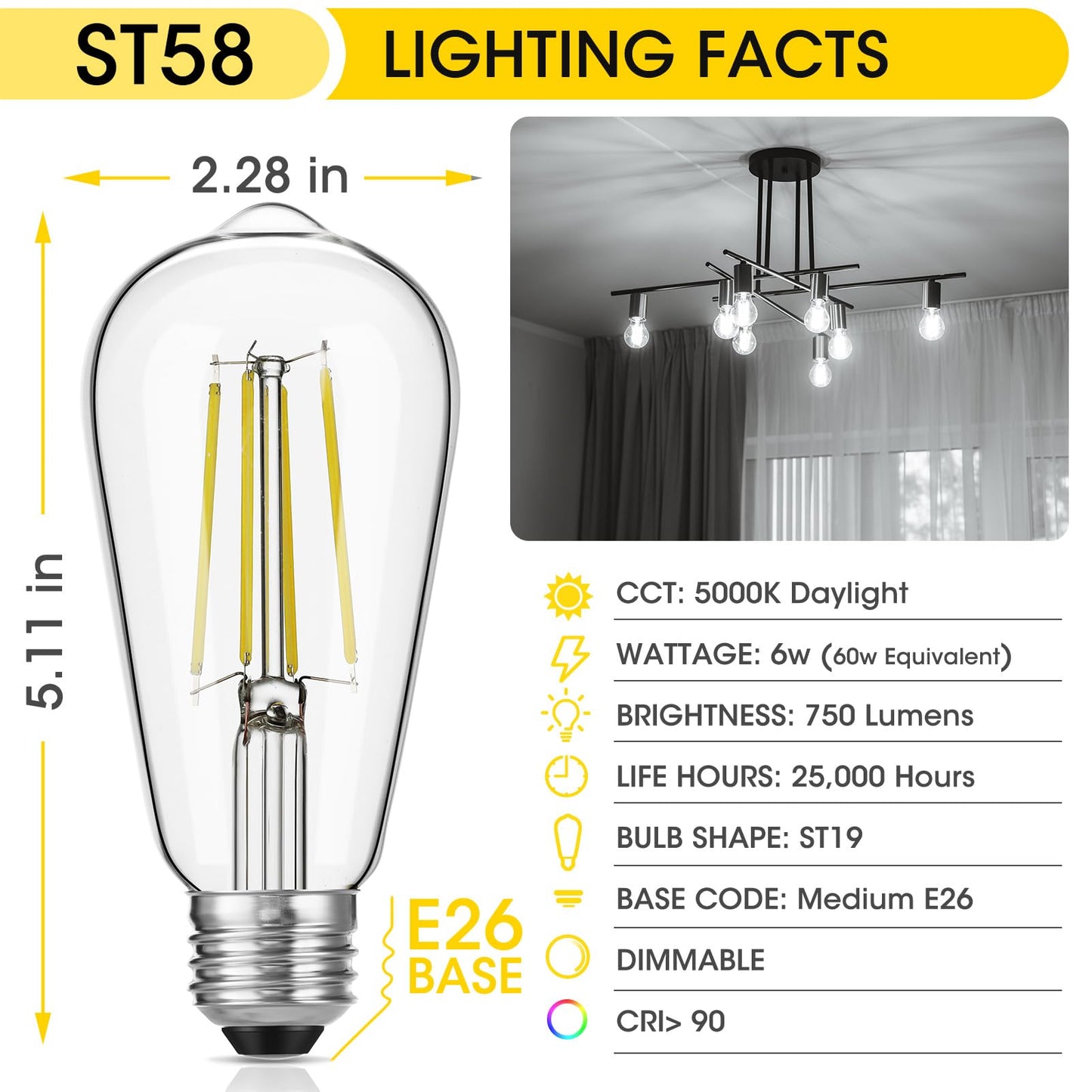 Gozelux Vintage LED Edison Bulbs, 6W, Equivalent 60W, High Brightness Daylight 5000K, ST58 Antique LED Filament Bulbs with 90+ CRI, E26 Medium Base