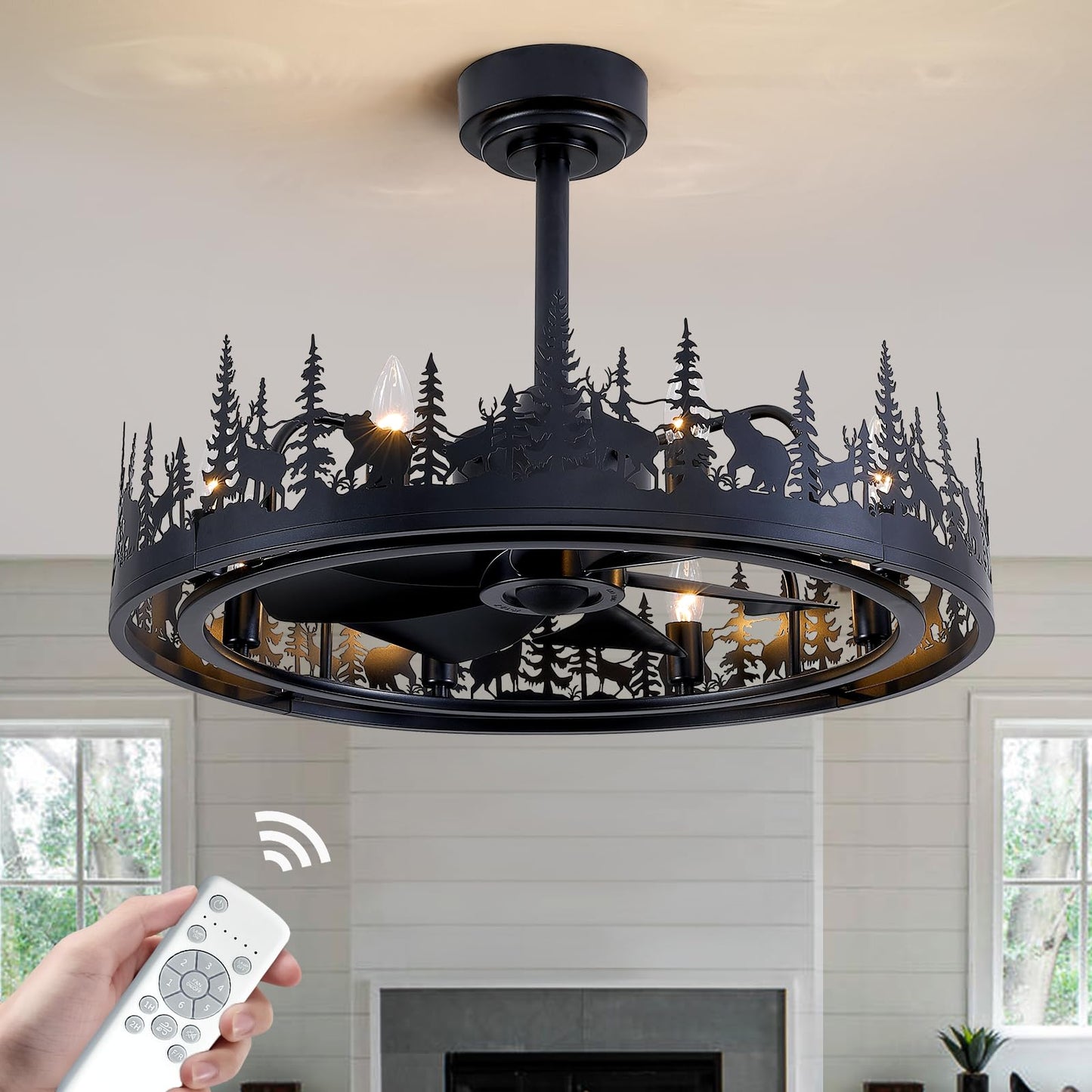 MOOONICHE 25'' Farmhouse Ceiling Fan with Light and Remote, Rustic Light Fixtures with Adjustable Height, Black Chandeliers for Living