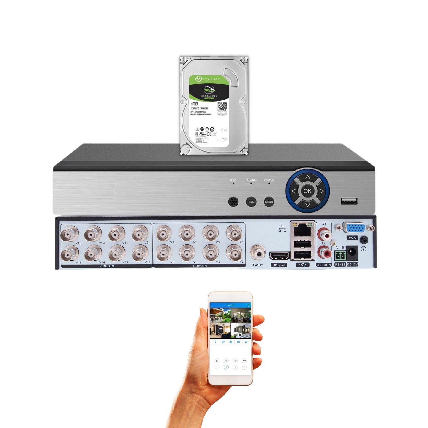 Evertech 16 Channel Surveillance H.265 Digital Video Recorder w/ 1TB Hard Drive Memory Storage Compatible with AHD TVI CVI Analog Cameras