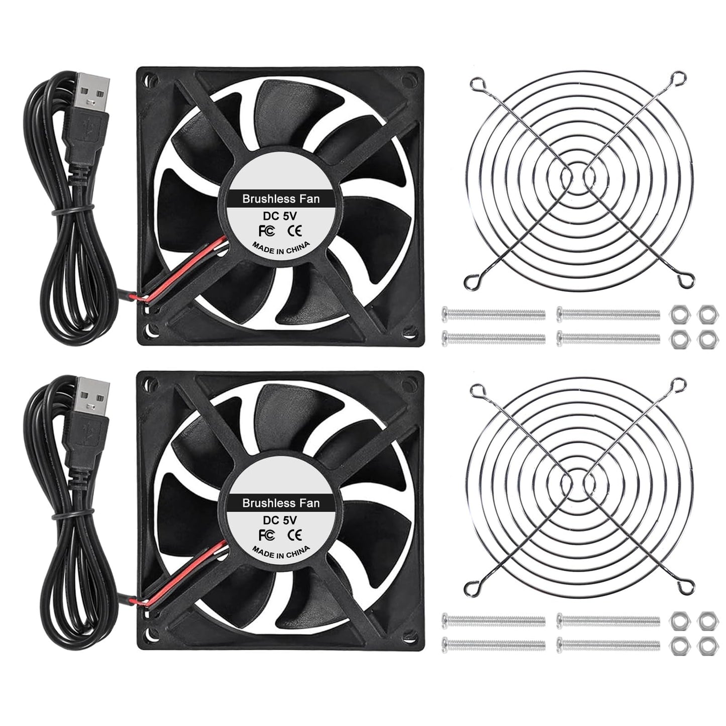 DORHEA 2Pcs USB Fan 5V 9225 Cooling Fan Dual Ball Ball Bearings Brushless Axial Fan 90x90x25mm USB Computer PC Fan with Srews Metal Grill Cover