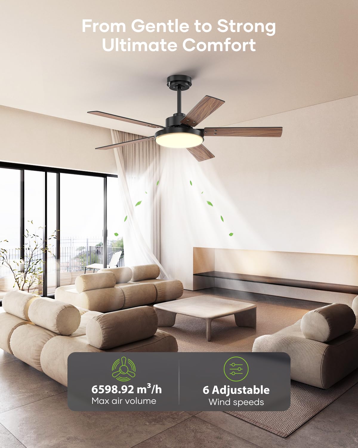 Vaczon 52 inch Black Ceiling Fans with Lights and Remote/APP, ETL Listed