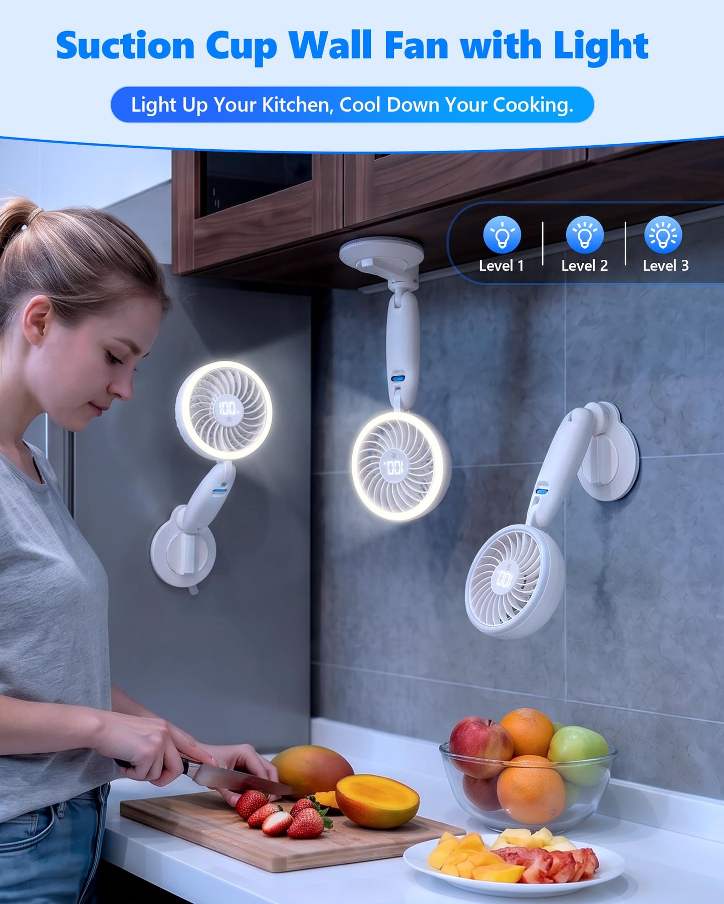 3-in-1 Suction Wall Mount Fan with Light & Display, Detach to Handheld Fan