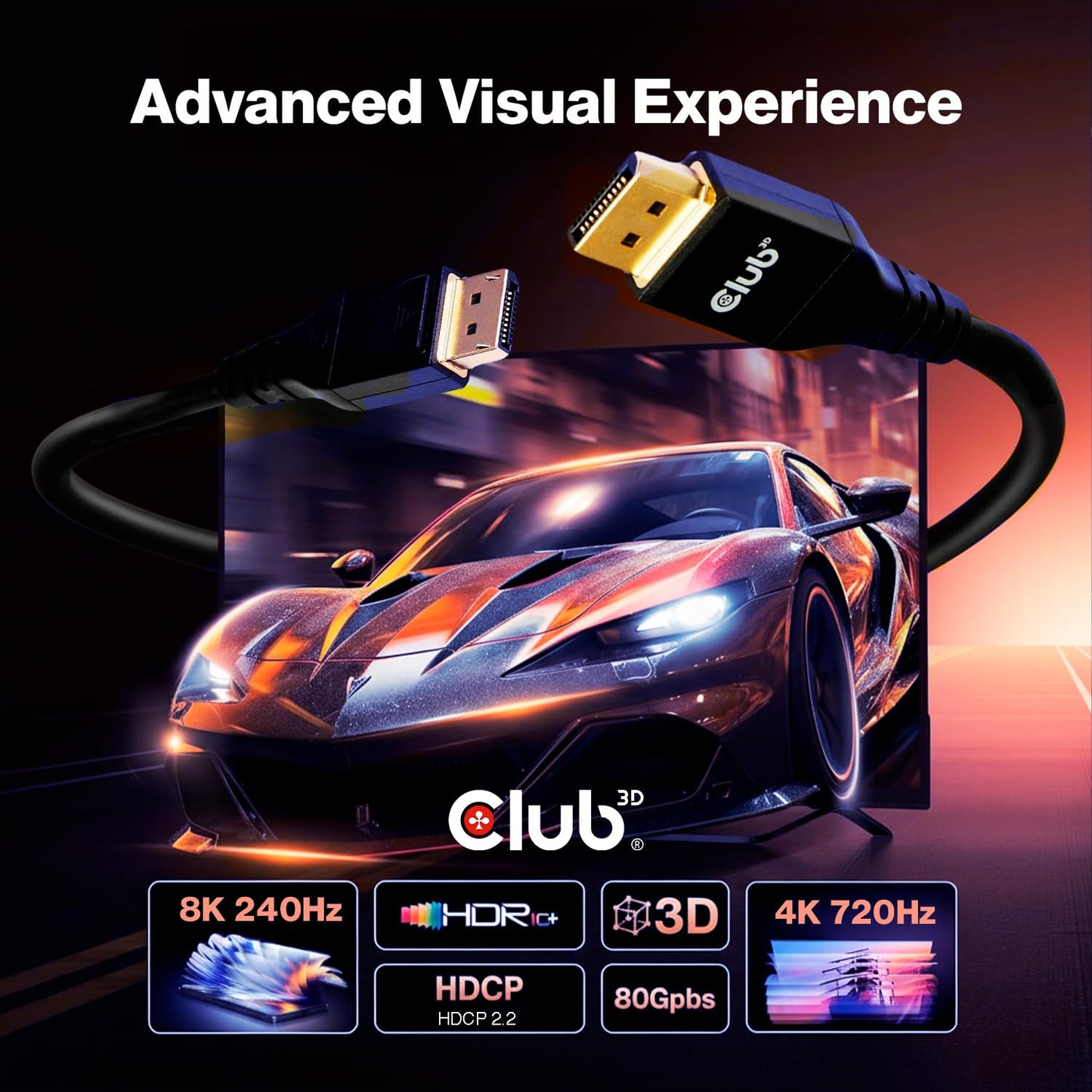 Club 3D DisplayPort 2.1 Cable 8K@240Hz 4K@720Hz - VESA DP80 Certified 80Gbps, HDR10+ Gaming Monitor Cable for RTX 4090/RX 7900 - 6.6ft/2m HDCP 2.3