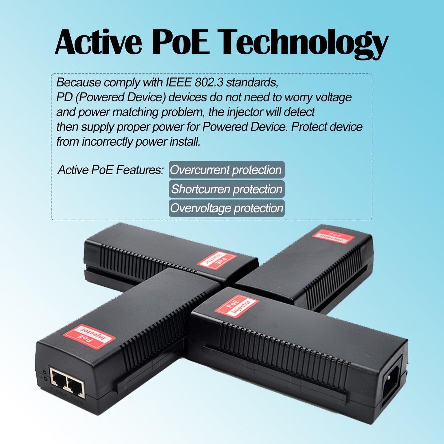 Revotech Gigabit 90W PoE++ Injector 54-56V Adapter, 10/100/1000Base-T IEEE 802.3bt PoE Standard Active POE+, Plug and Play for Wireless Access