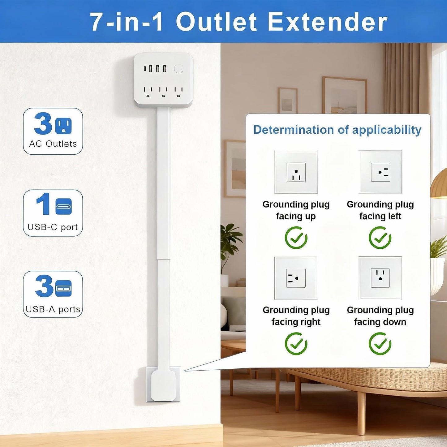 Electrical Outlet Extender Stick, 180° Rotating Surge Protector Power Strip, Featured 3 AC and 4 USB Ports, Multi Plug Wall Outlet Splitter | Ideal