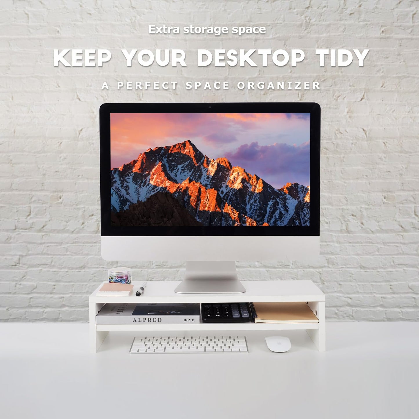 BEYGORM Monitor Stand Riser White, 21.6 inch 2 Tiers Wood Desk Shelf Computer Screen Stand with Storage for Desktop Laptop/Screen/TV/PC/Printer, Desk