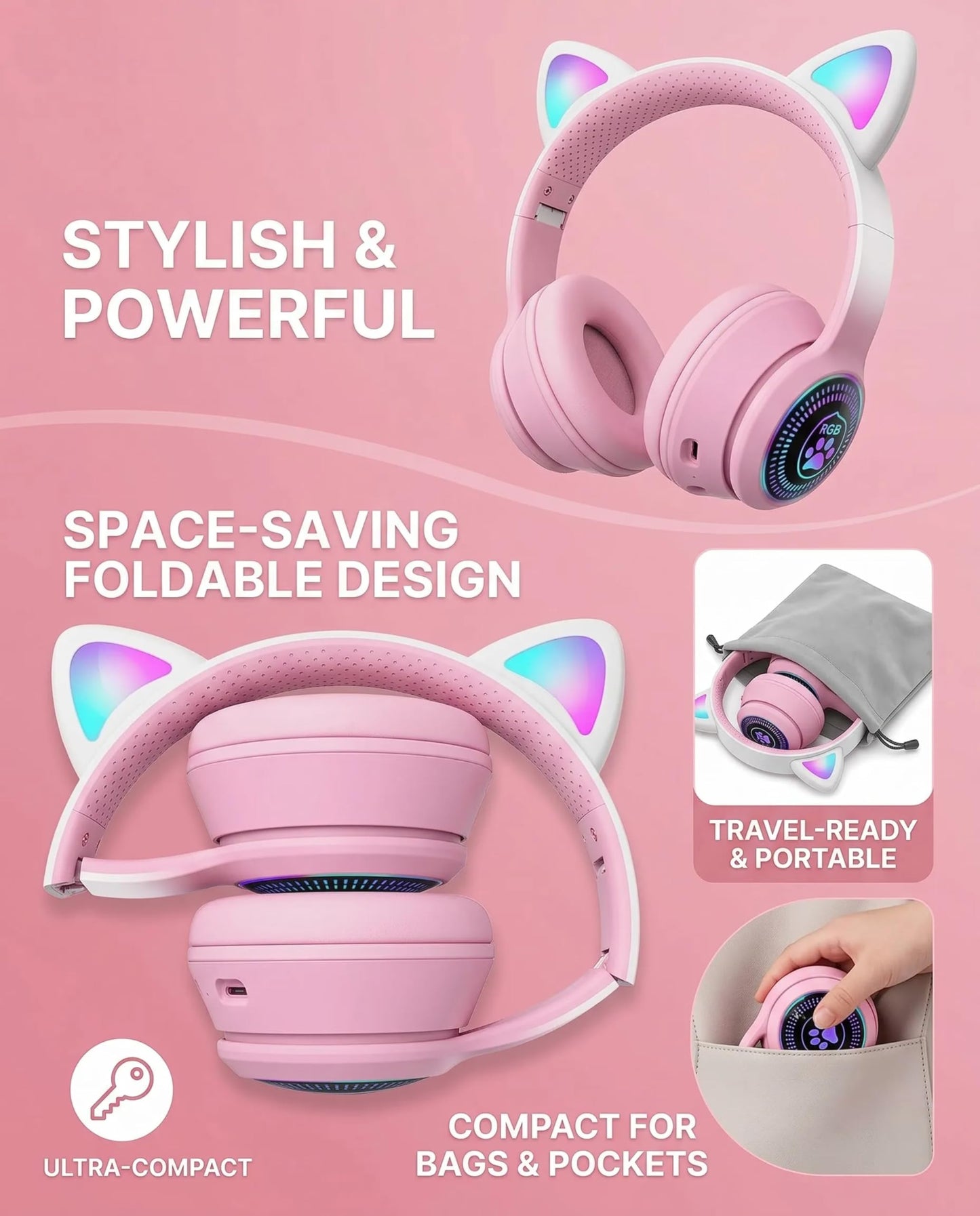 VIGROS Cat Ear Gaming Bluetooth 5.3 Wireless Foldable Headphones with LED Light, Stereo Game Surround Sound Over-Ear Headsets with Microphone AUX