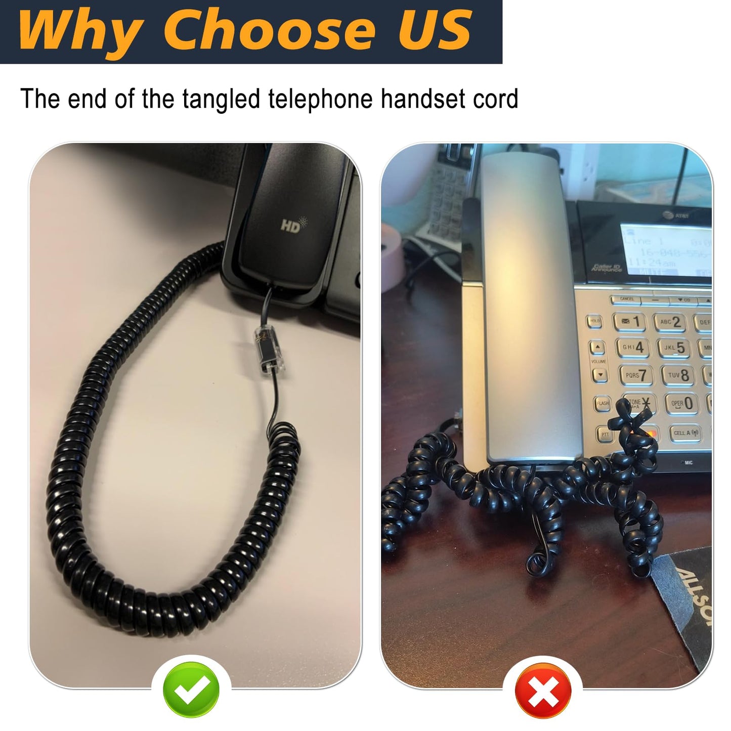 YIENFBEV Telephone Handset Cord Detangler 1 Set, 1 Pack 360 Degree Rotating/Anti-Tangle Landline Cable and 1 Pack Telephone Handset Cord 7.5 Foot