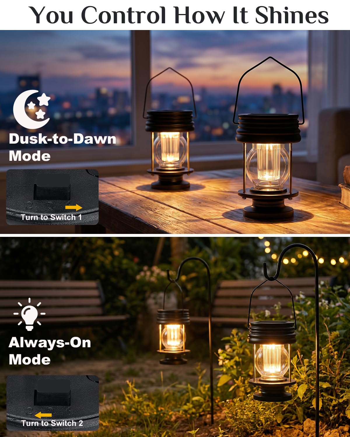 Solar Lanterns Outdoor Hanging Lights, Upgraded Dual Solar & USB Charging, Adjustable Light Sensor, Retro Waterproof Table Lamp for Garden Yard
