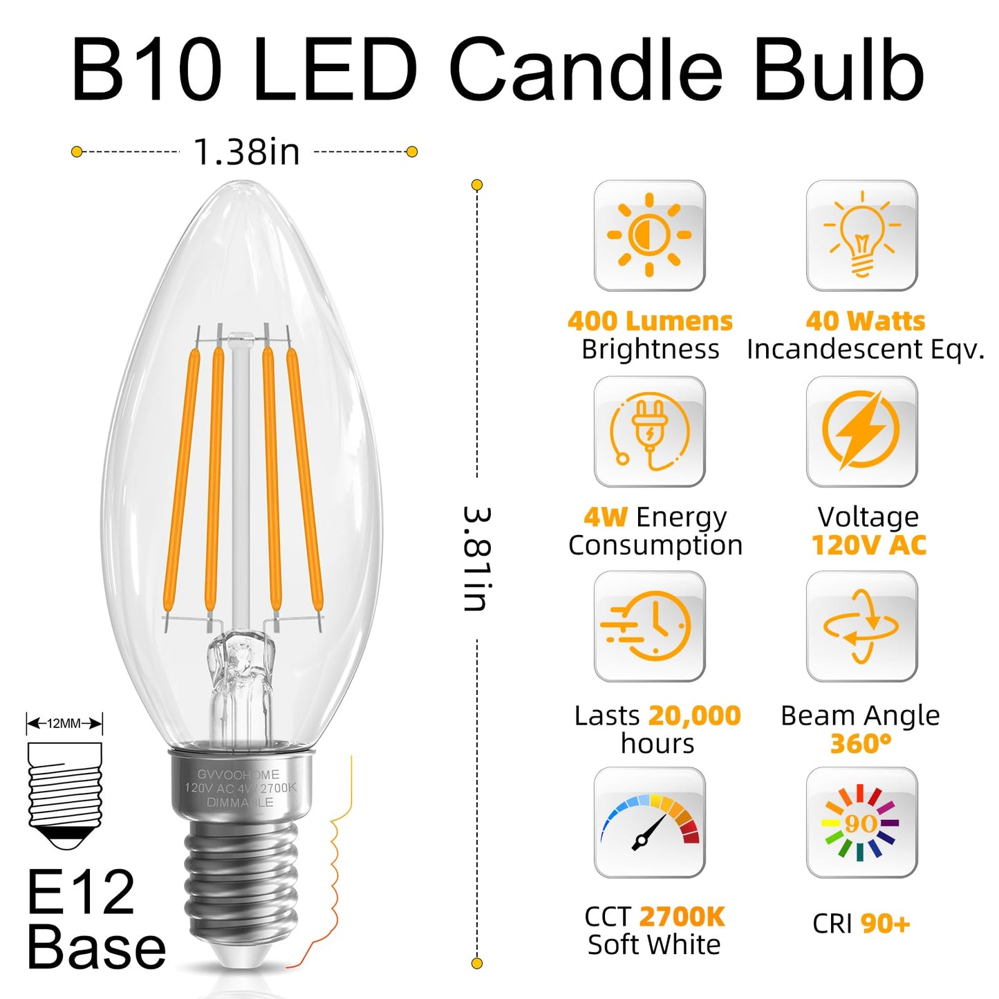 GvvooHome E12 Candelabra Light Bulbs 40 watt Equivalent, E12 LED Bulb 2700K