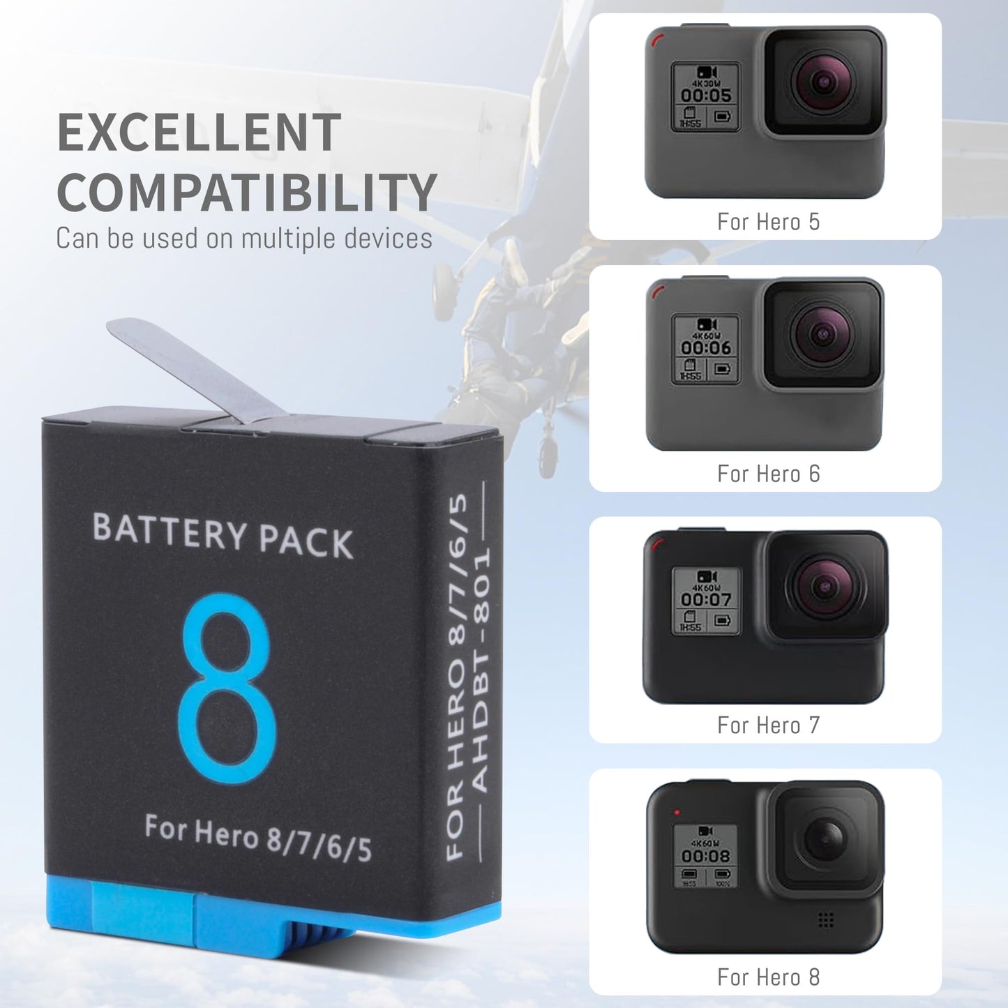 1500mAh 2-Pack Battery Compatible for Hero 8/7/6/5 Black Official, Compatible with Hero 2018, AHDBT-801,AHDBT-501, 601-27537-000, 601-10197-000